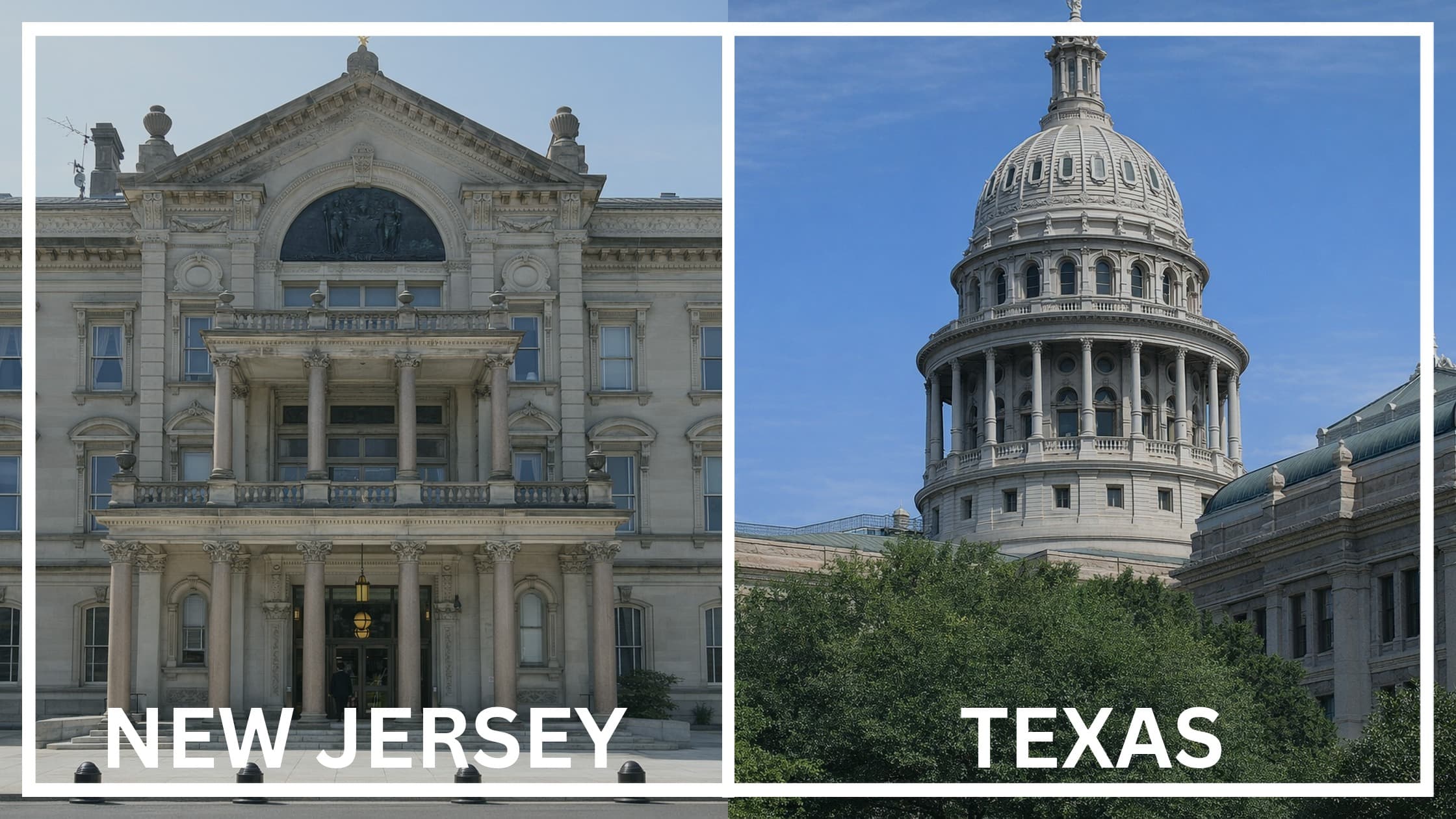 Comparing the state capitol buildings between New Jersey and Texas.