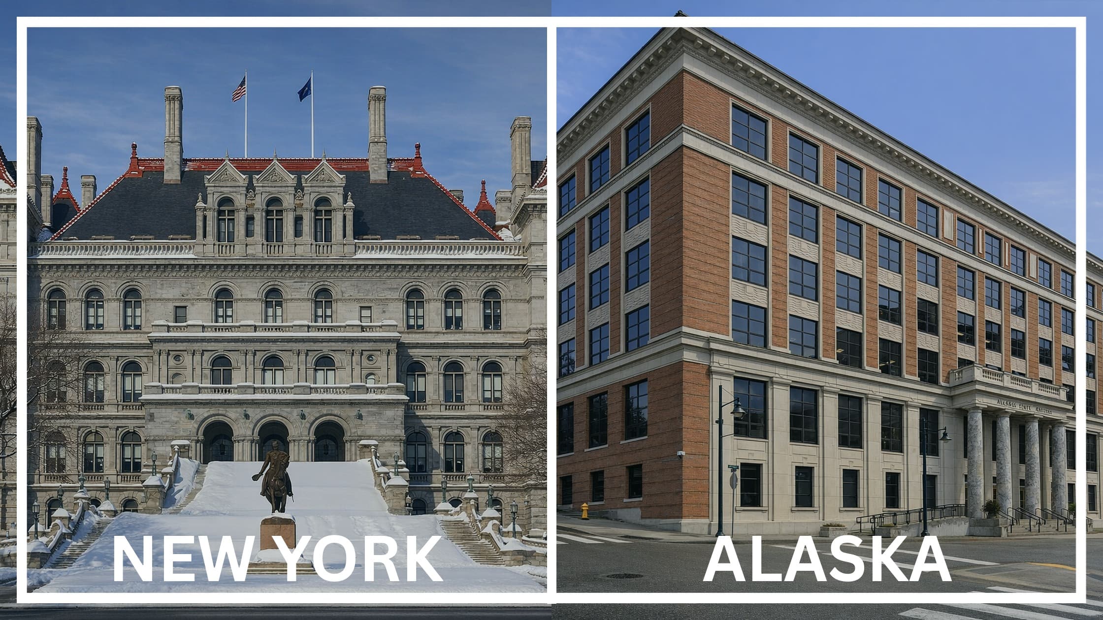 Comparing the state capitol buildings between New York and Alaska.
