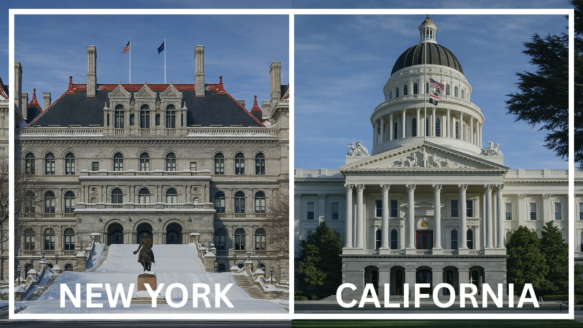 Comparing the state capitol buildings between New York and California.