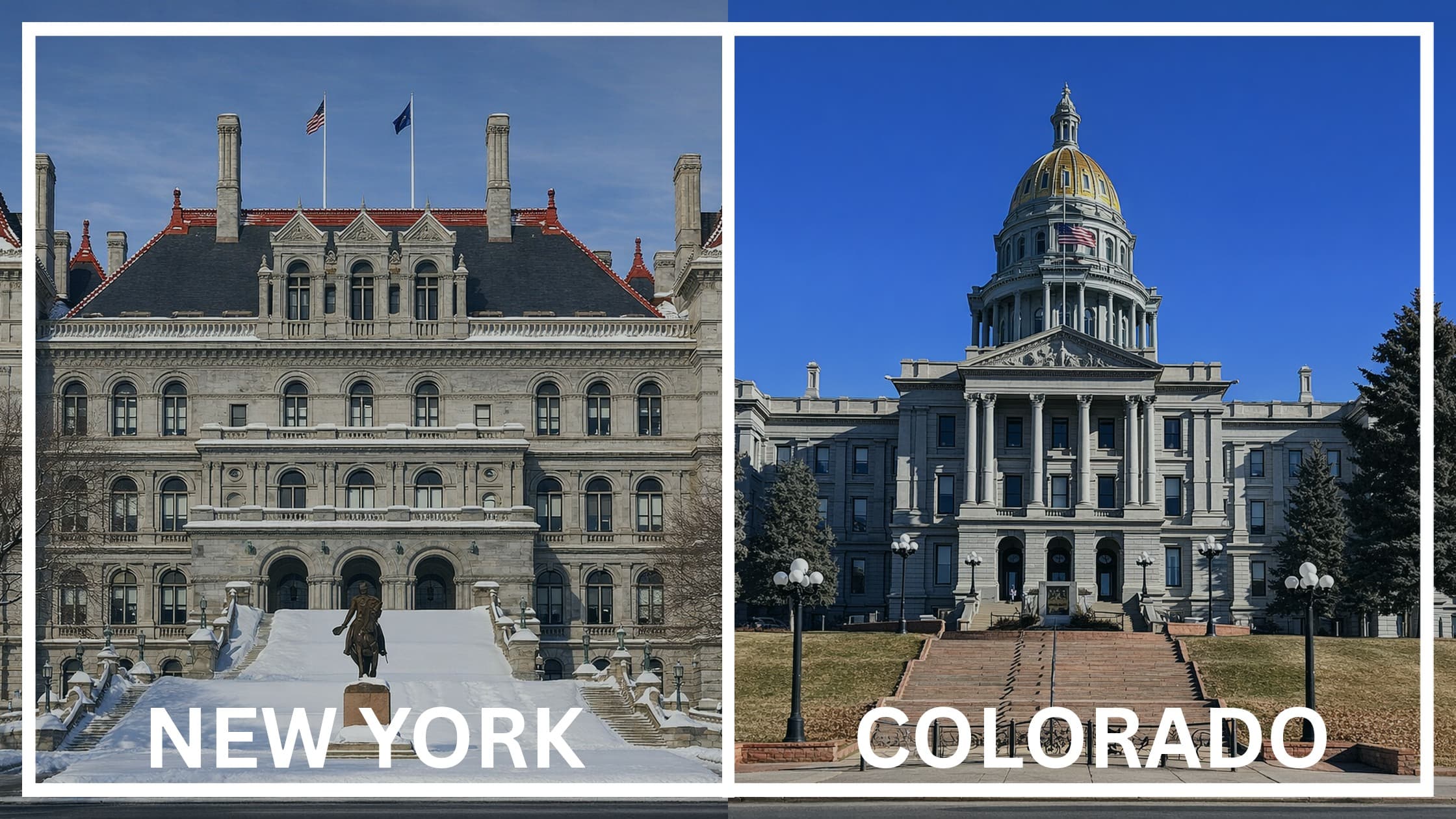 Comparing the state capitol buildings between New York and Colorado.