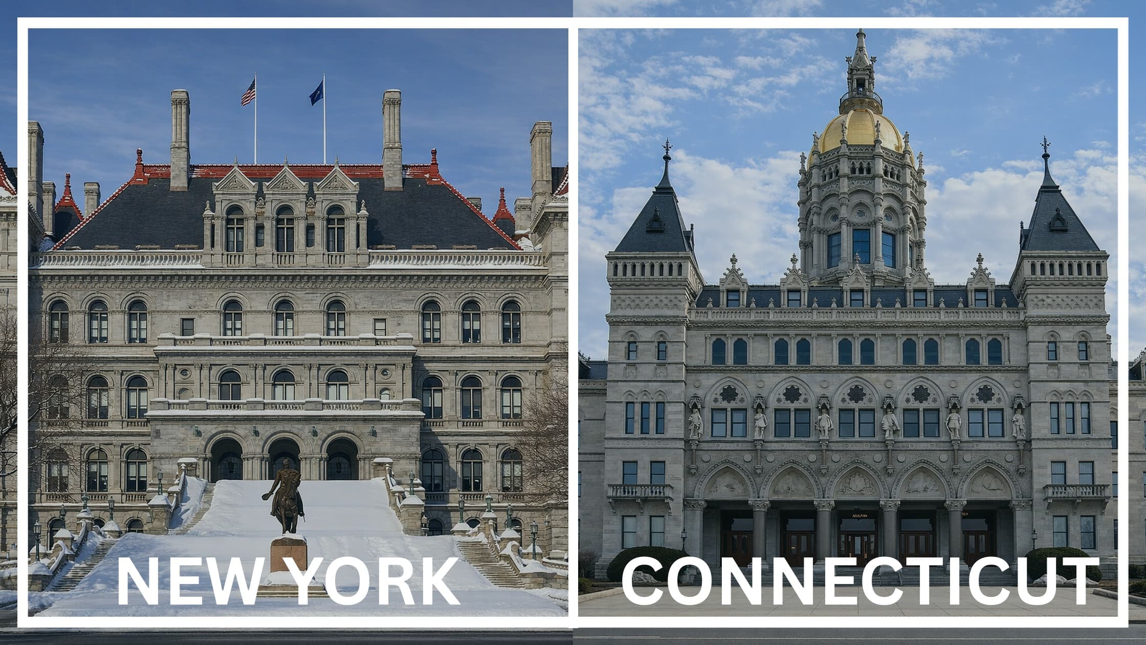 Comparing the state capitol buildings between New York and Connecticut.