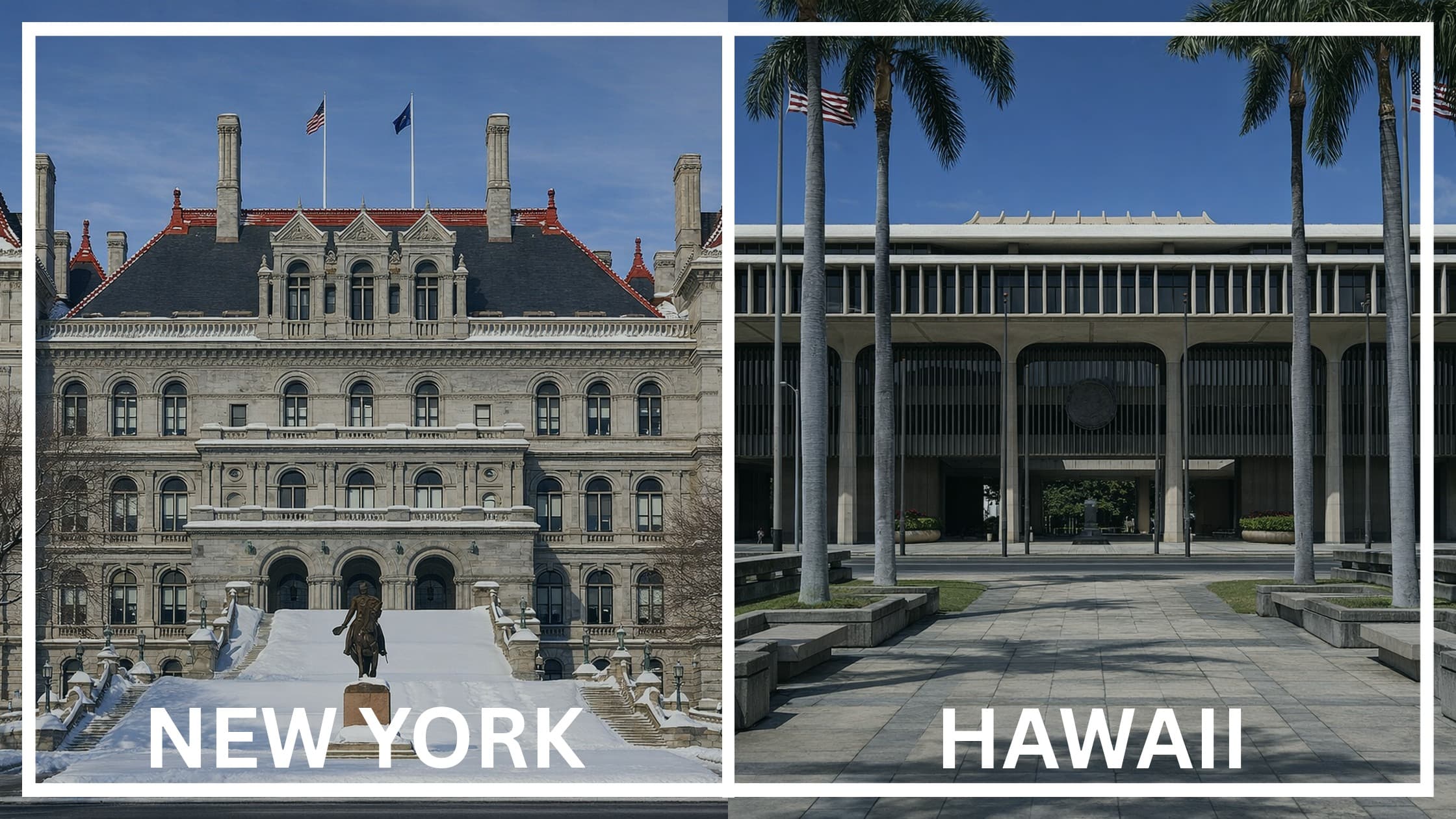 Comparing the state capitol buildings between New York and Hawaii.