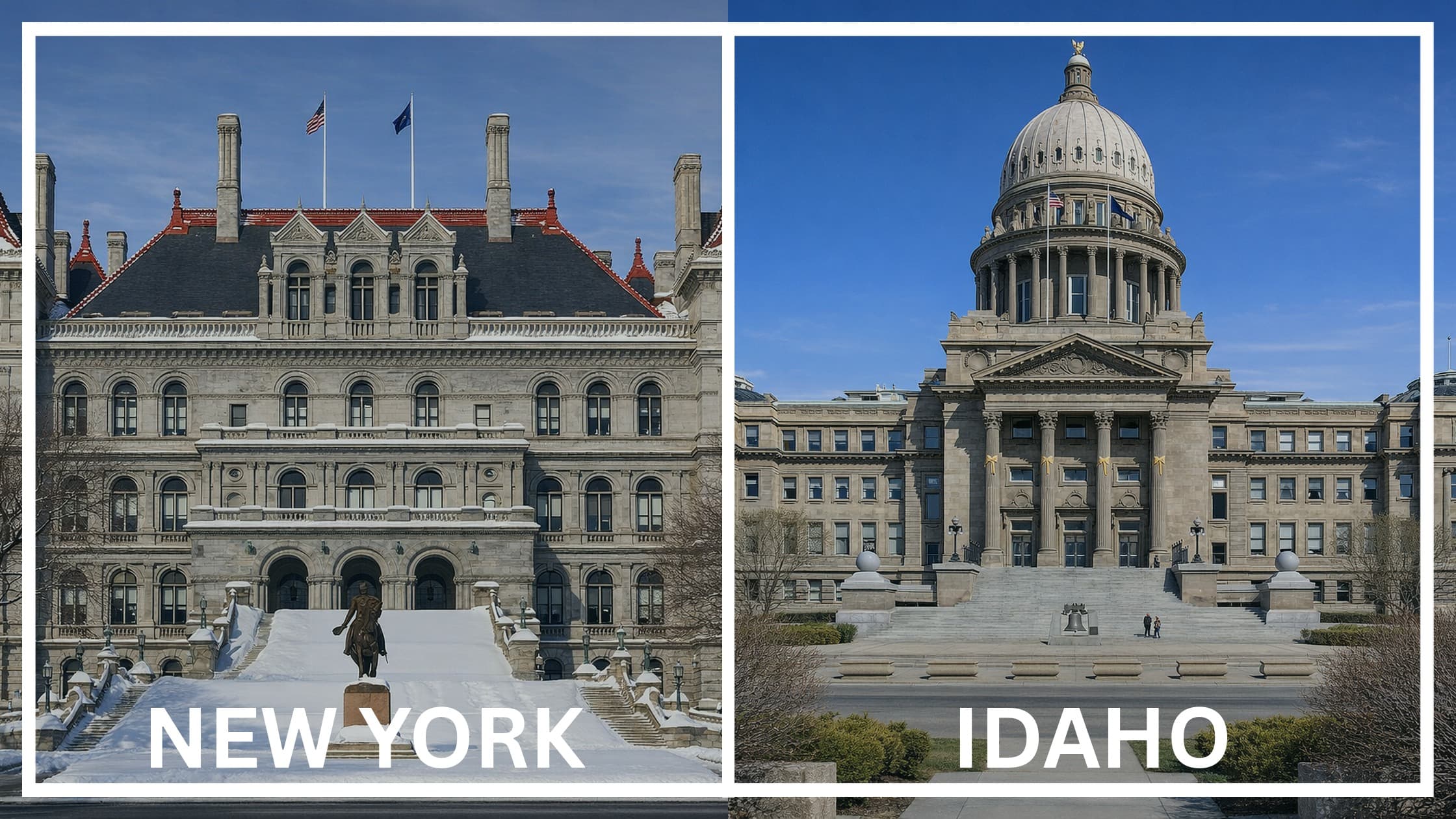 Comparing the state capitol buildings between New York and Idaho.