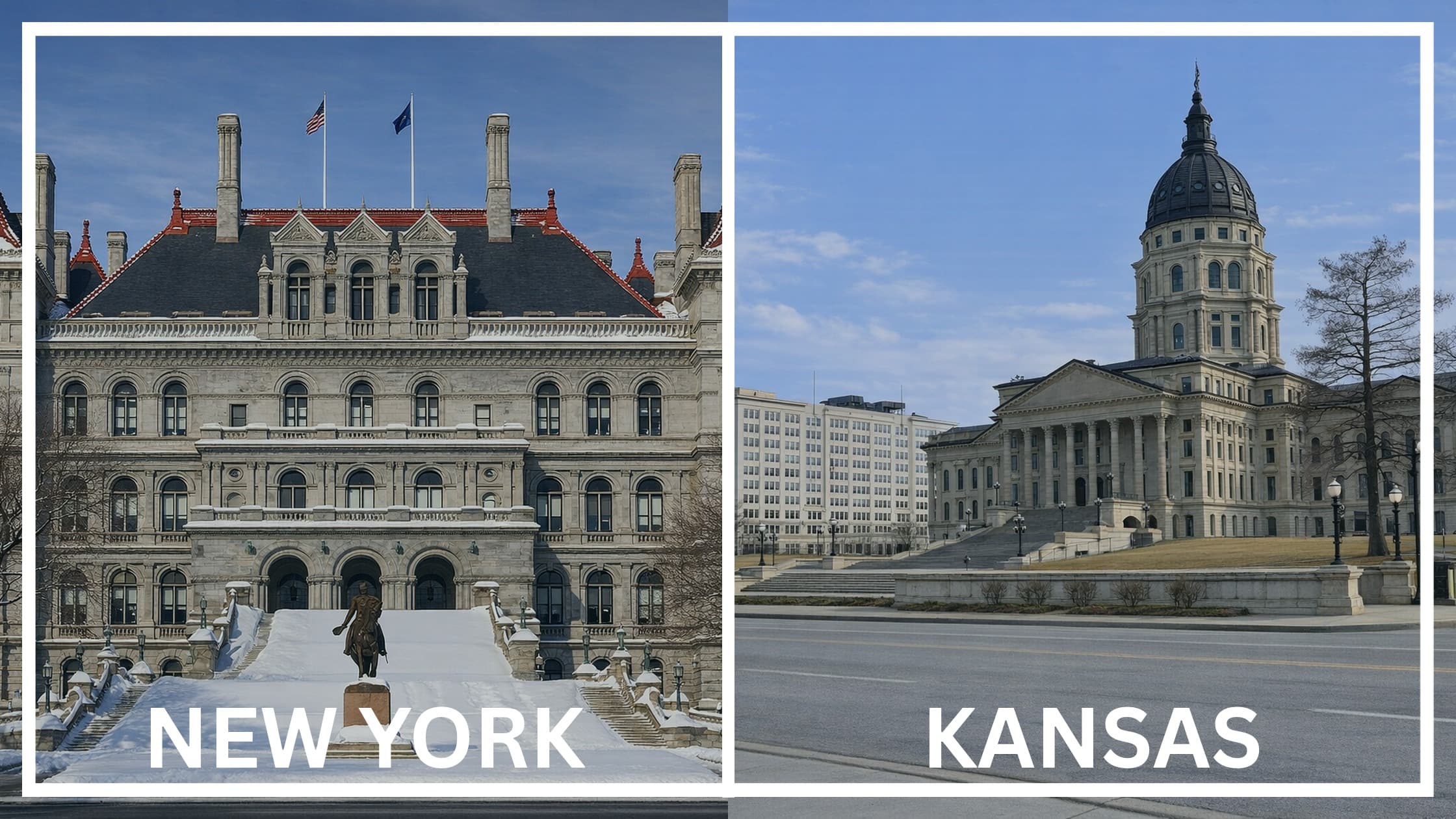 Comparing the state capitol buildings between New York and Kansas.