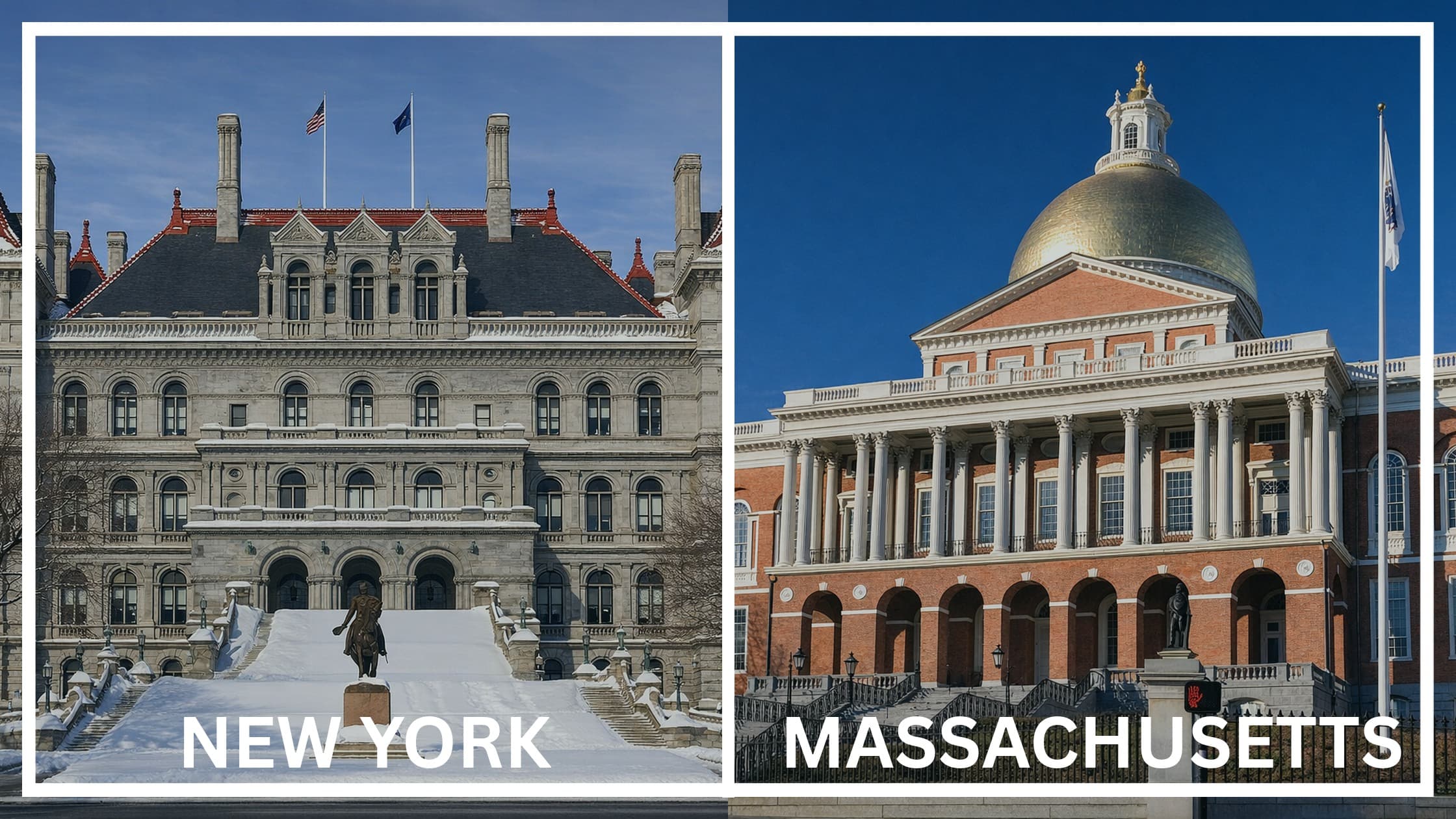 Comparing the state capitol buildings between New York and Massachusetts.