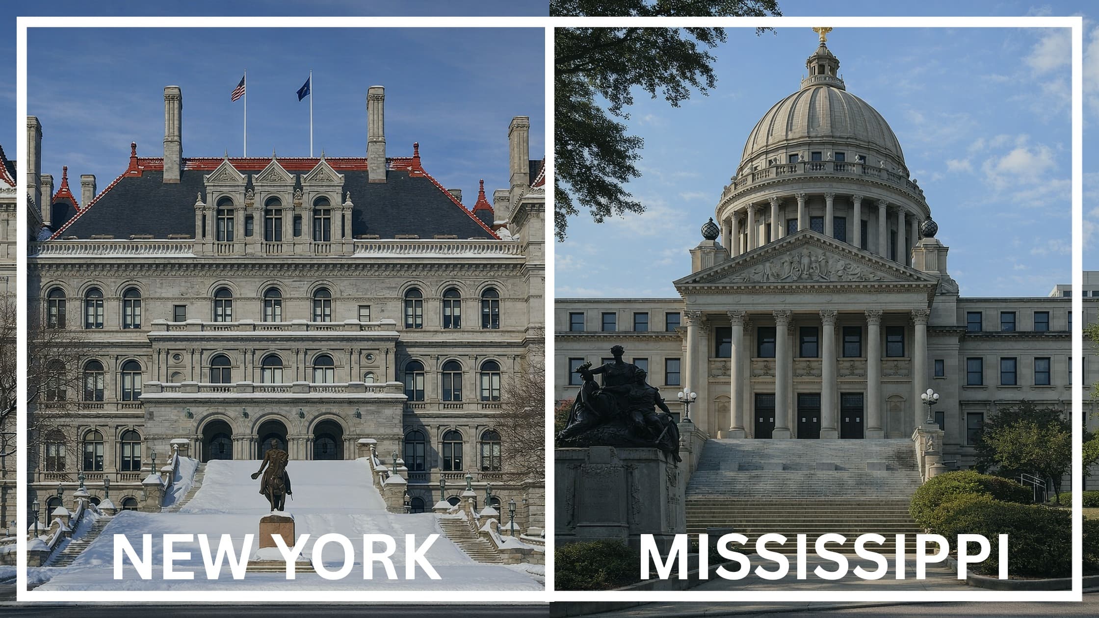 Comparing the state capitol buildings between New York and Mississippi.