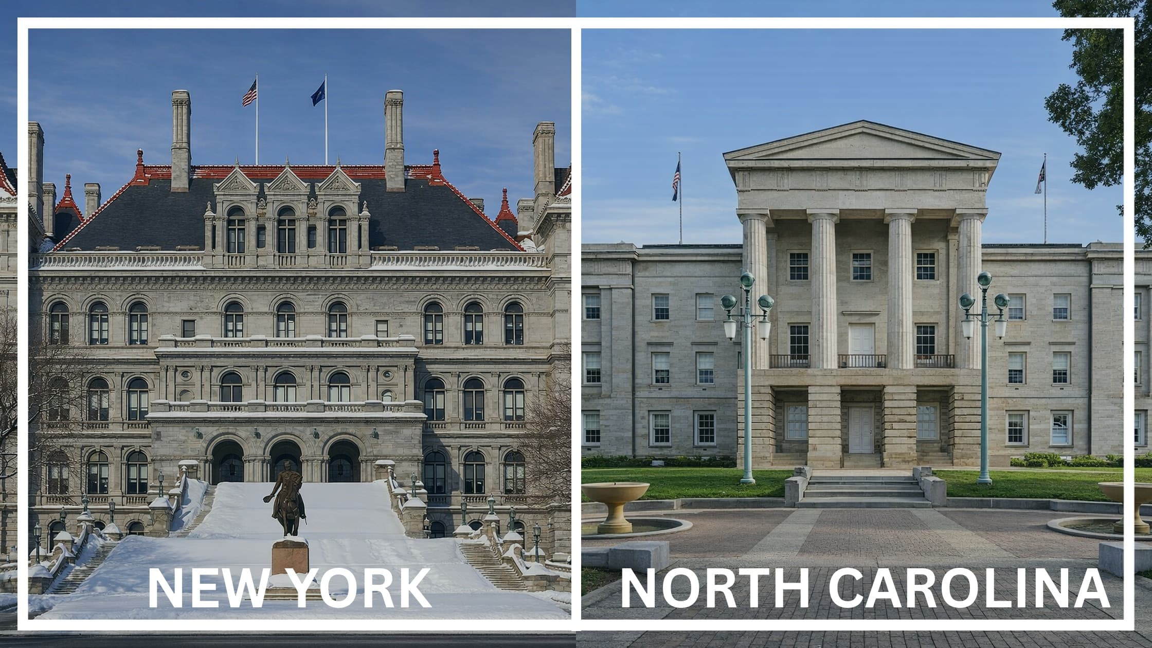 Comparing the state capitol buildings between New York and North Carolina.