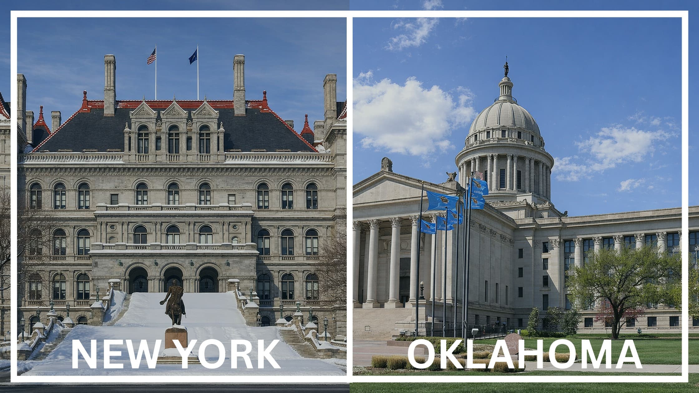 Comparing the state capitol buildings between New York and Oklahoma.