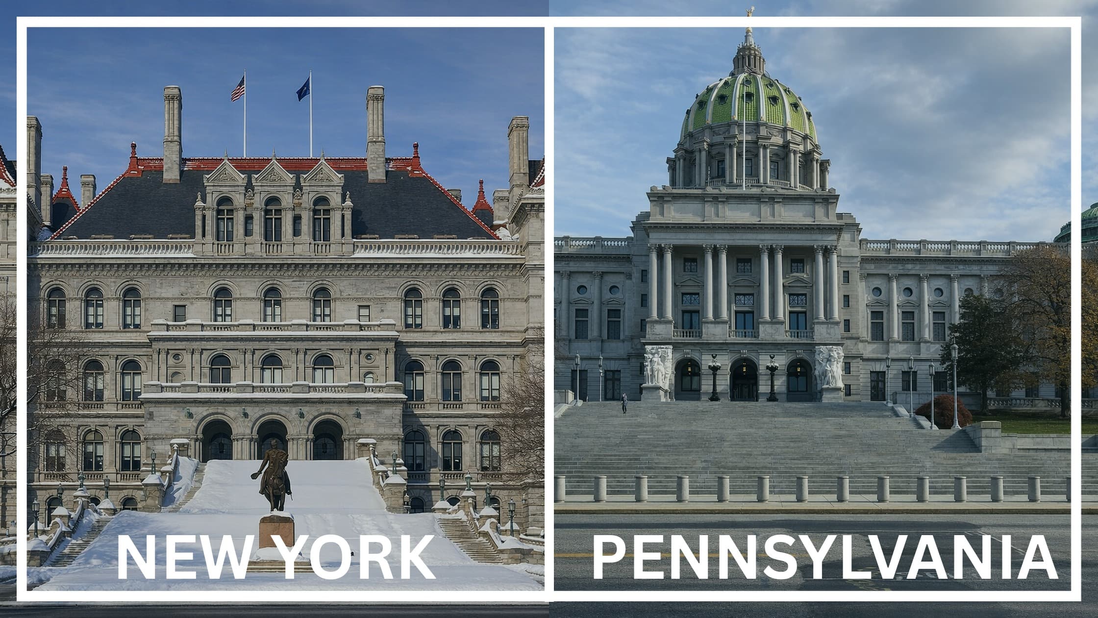 Comparing the state capitol buildings between New York and Pennsylvania.