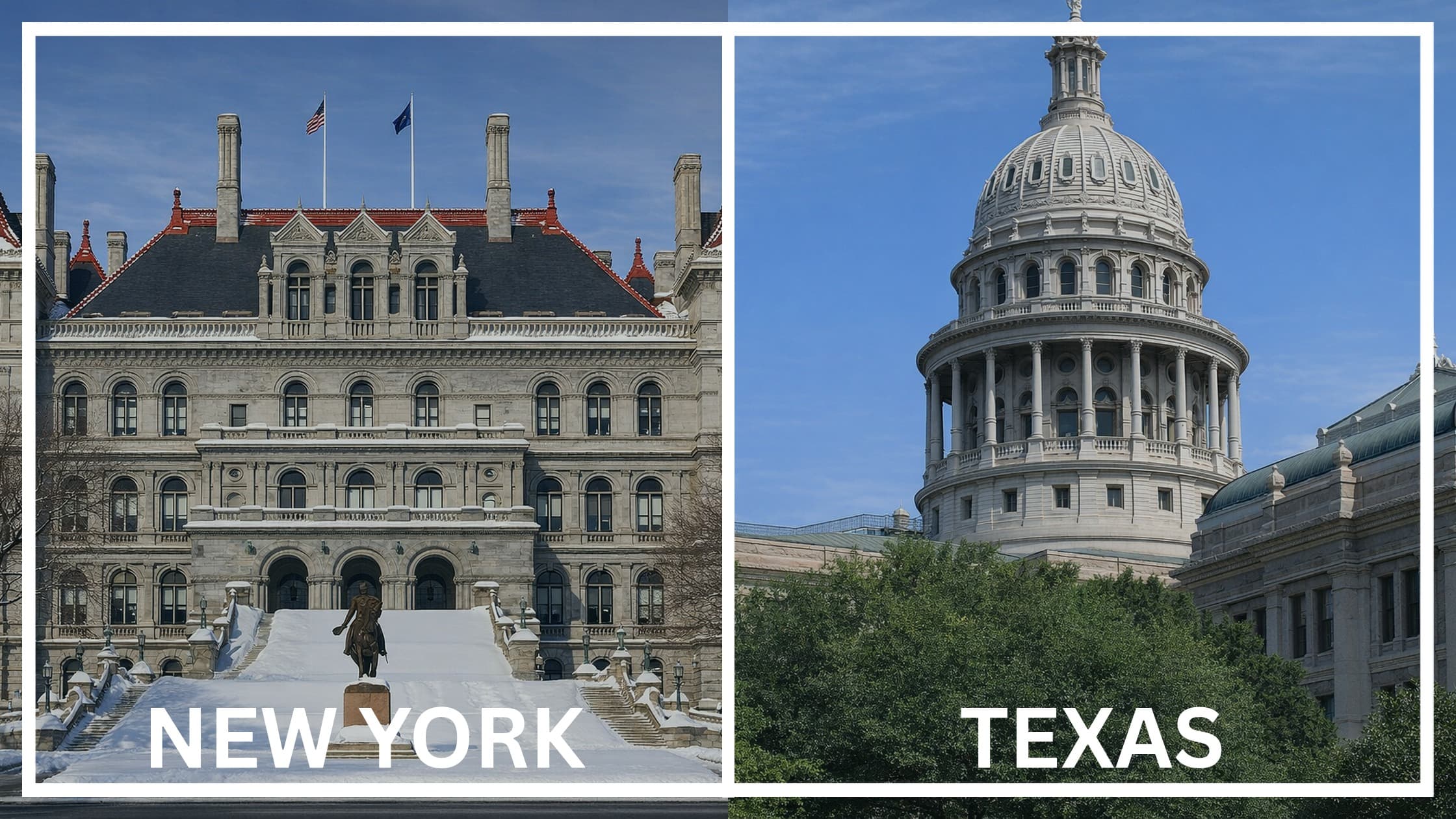 Comparing the state capitol buildings between New York and Texas.