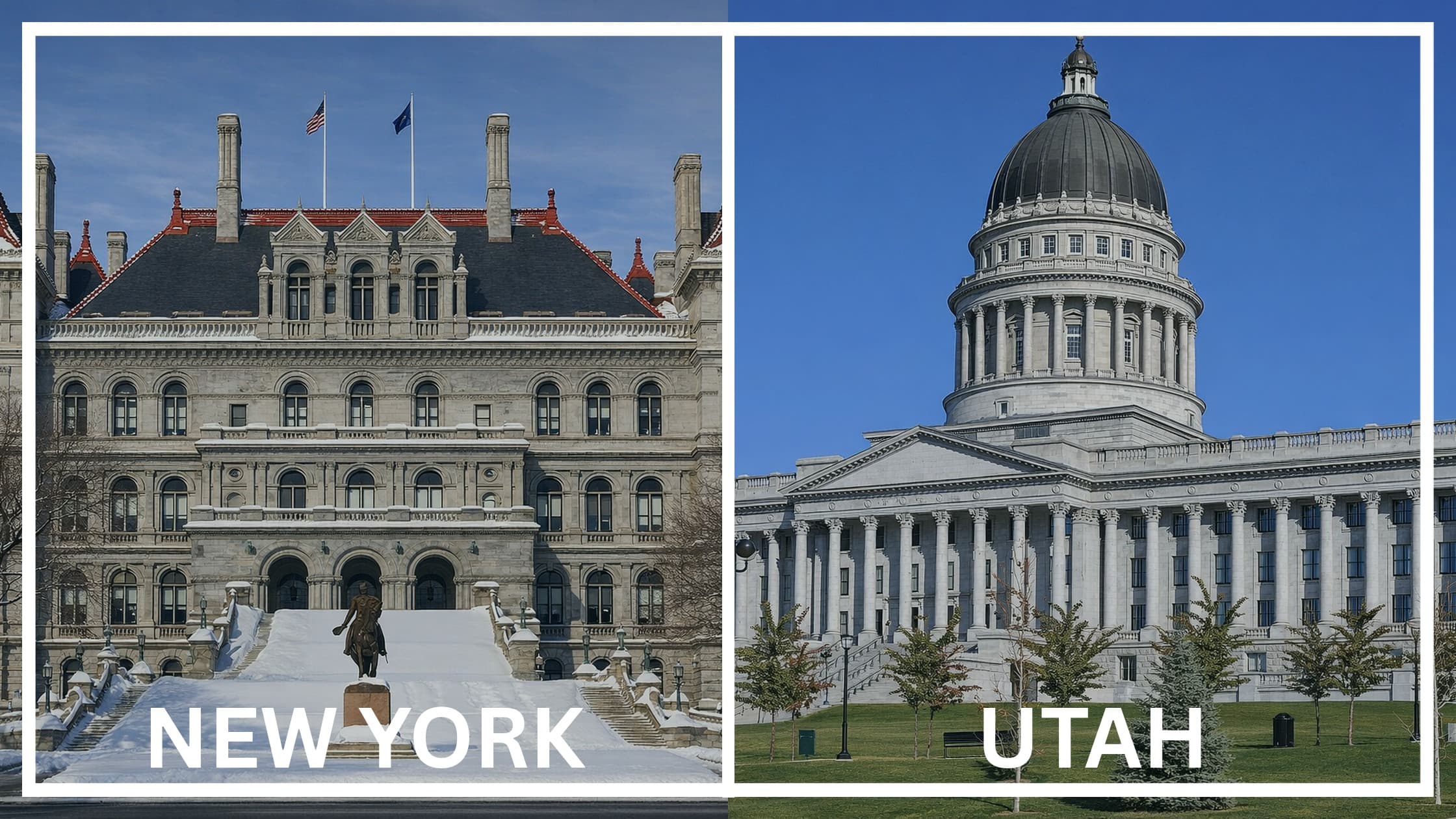 Comparing the state capitol buildings between New York and Utah.
