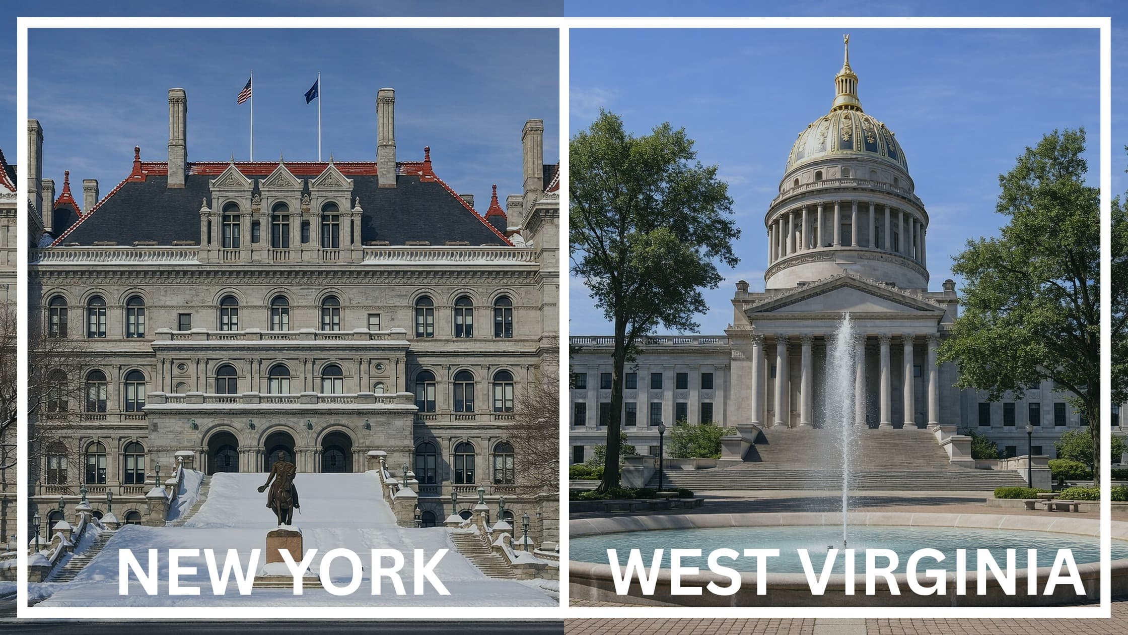 Comparing the state capitol buildings between New York and West Virginia.