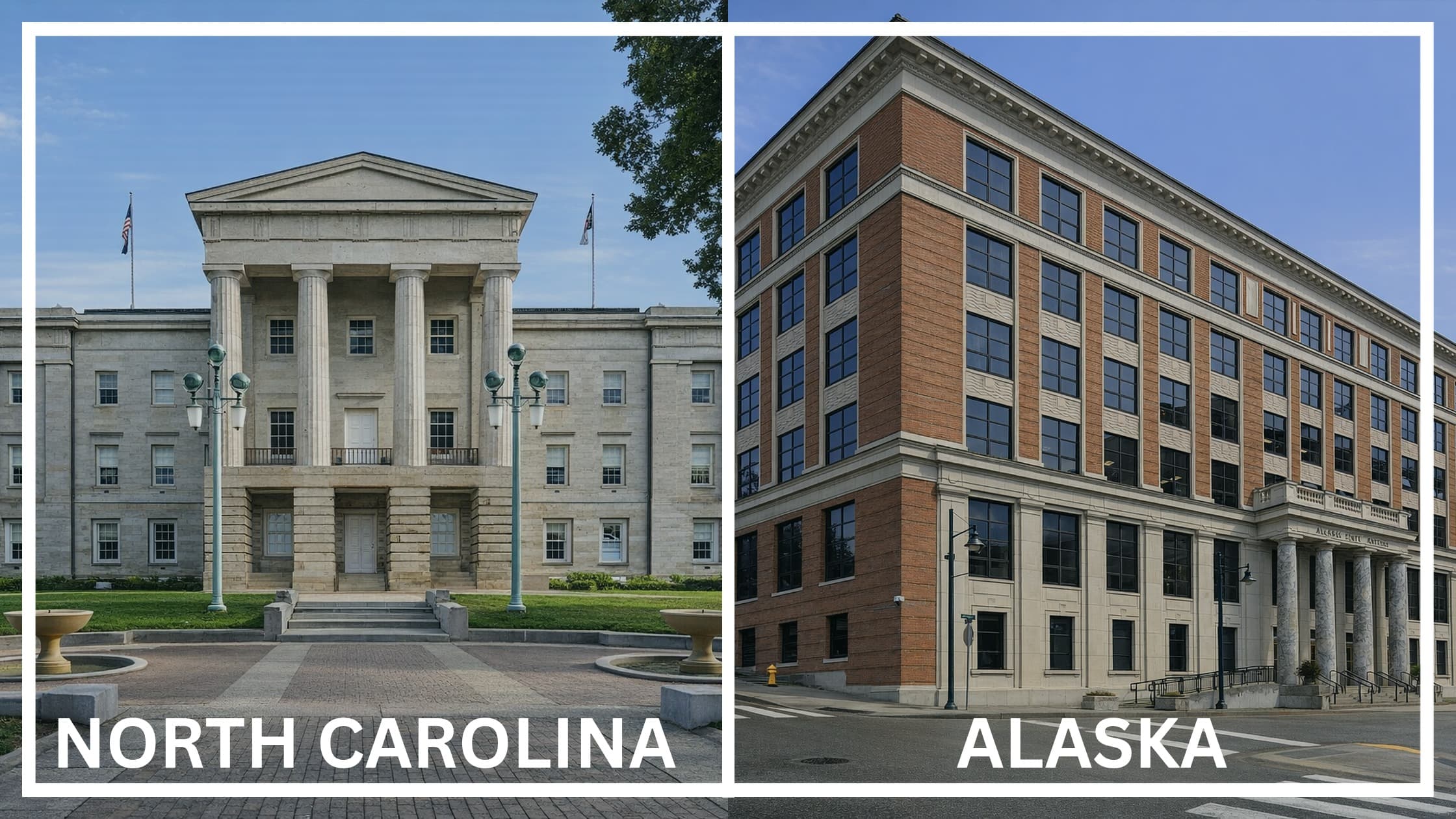 Comparing the state capitol buildings between North Carolina and Alaska.