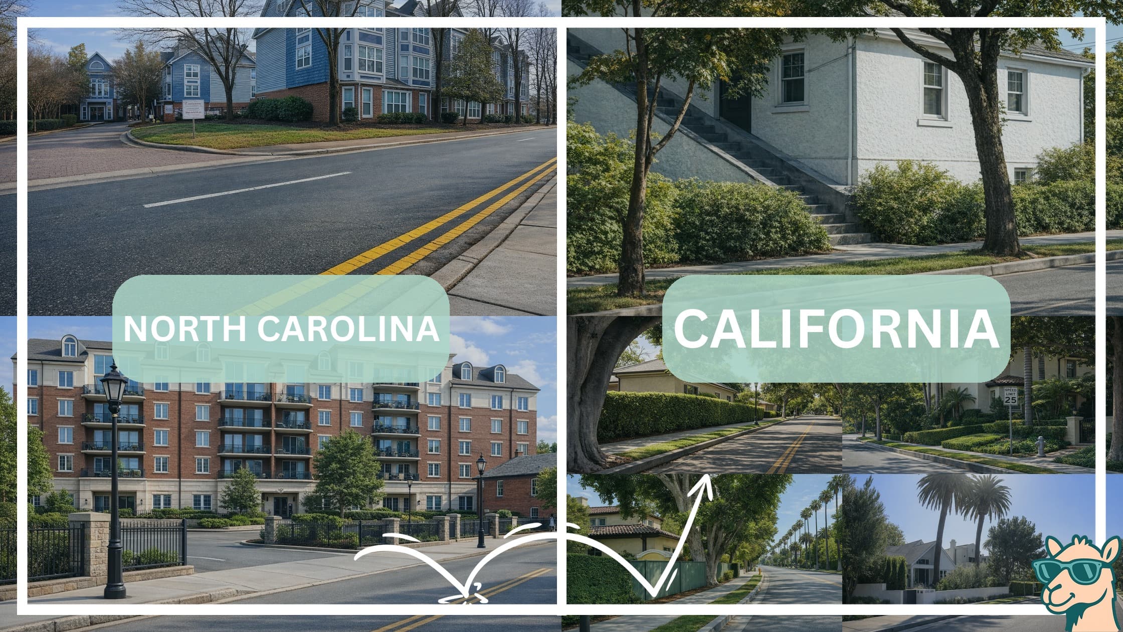 comparison of housing options and types between neighborhoods in North Carolina and California