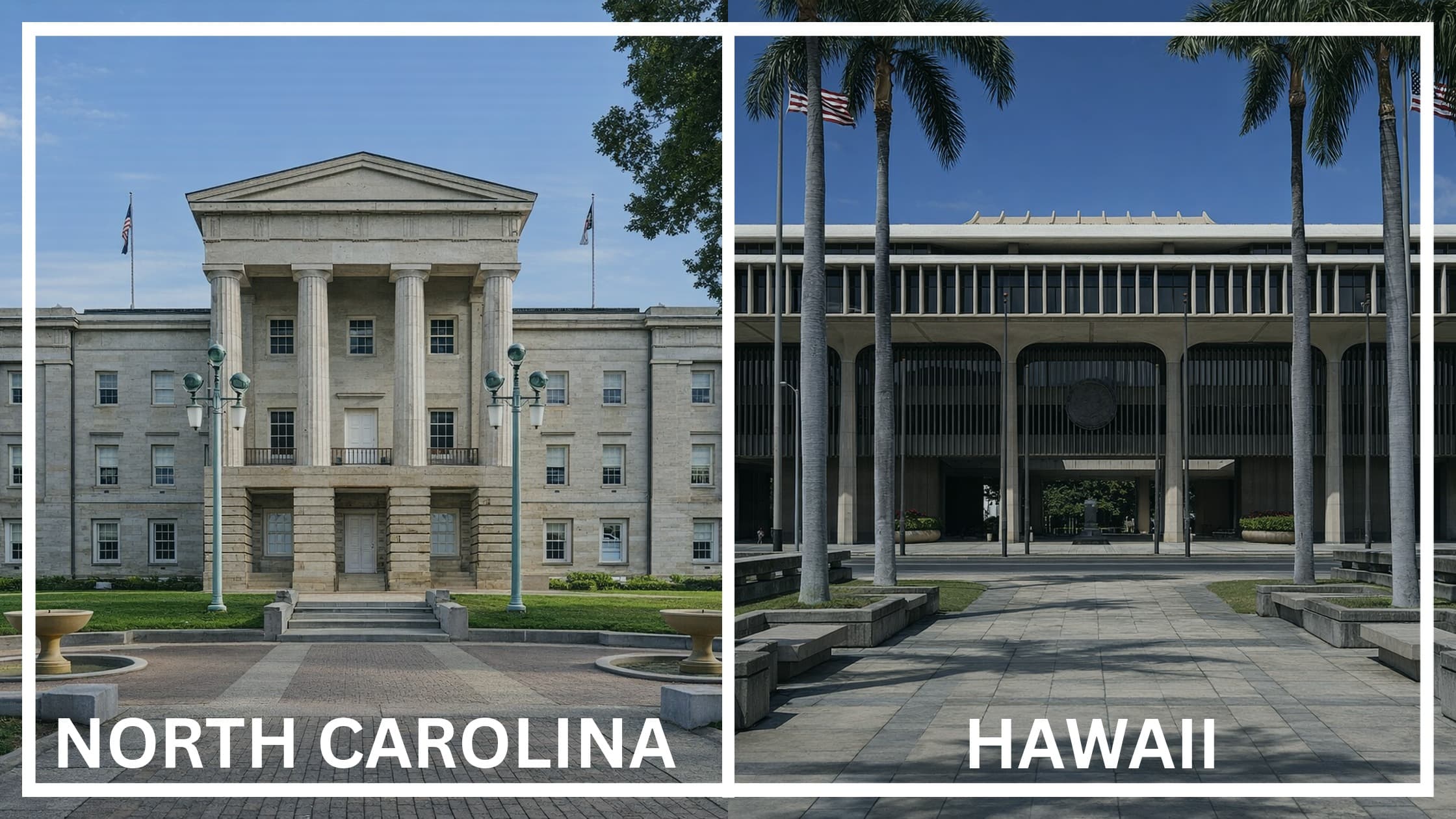 Comparing the state capitol buildings between North Carolina and Hawaii.