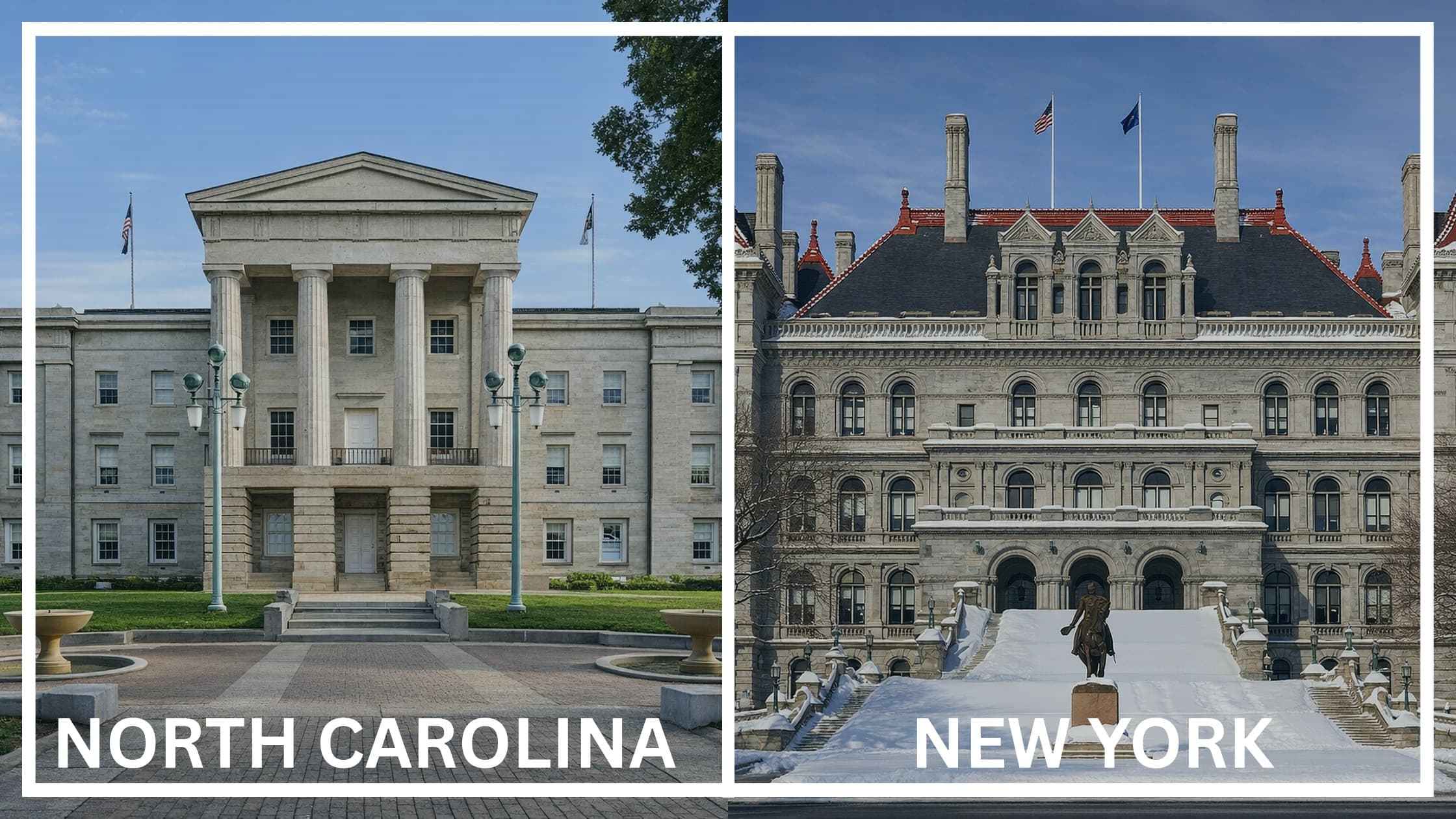 Comparing the state capitol buildings between North Carolina and New York.