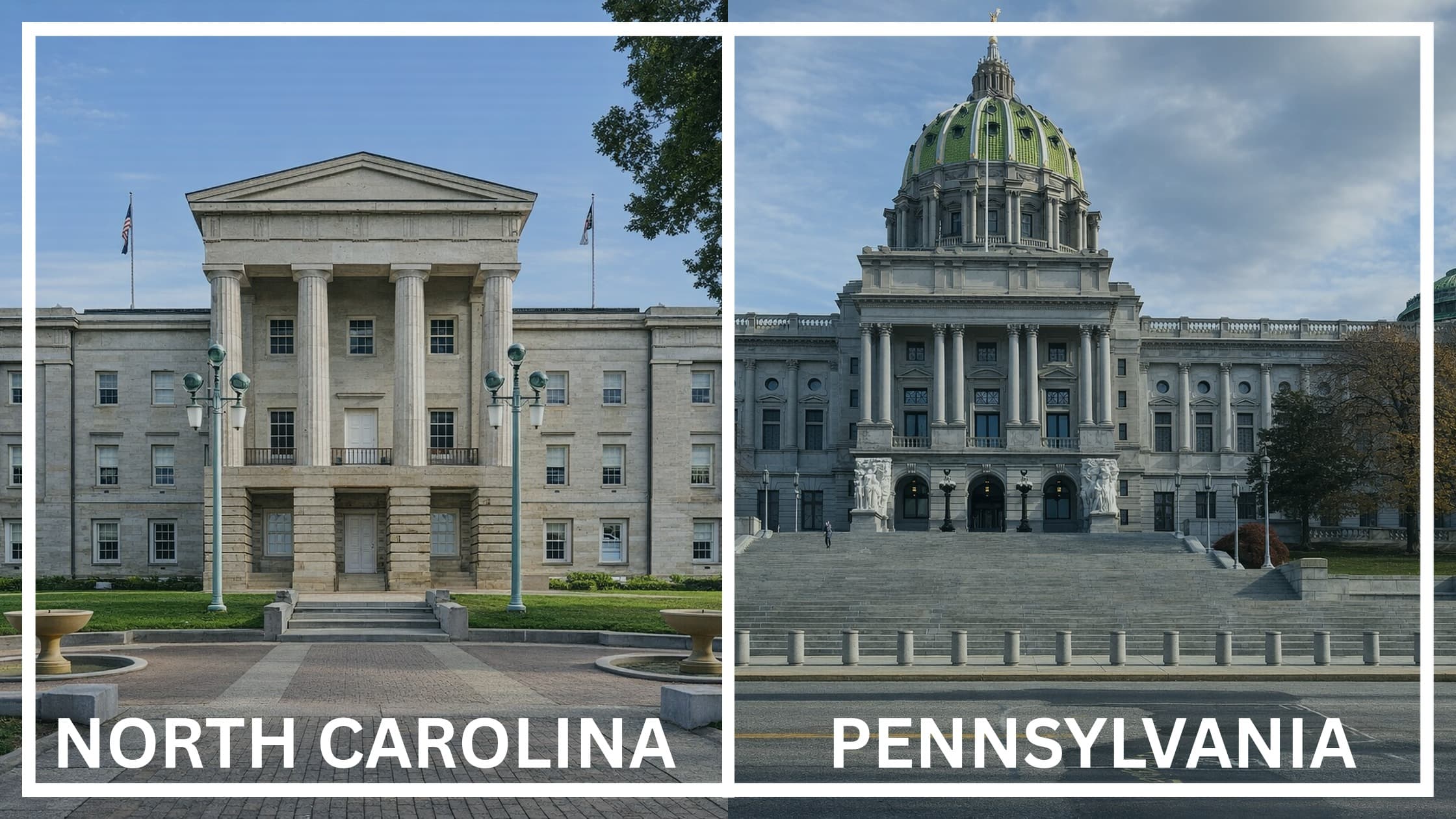 Comparing the state capitol buildings between North Carolina and Pennsylvania.