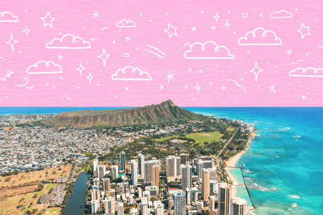 Waikīkī skyline and Diamond Head on Oahu, Hawaii, overlooking turquoise ocean waters.