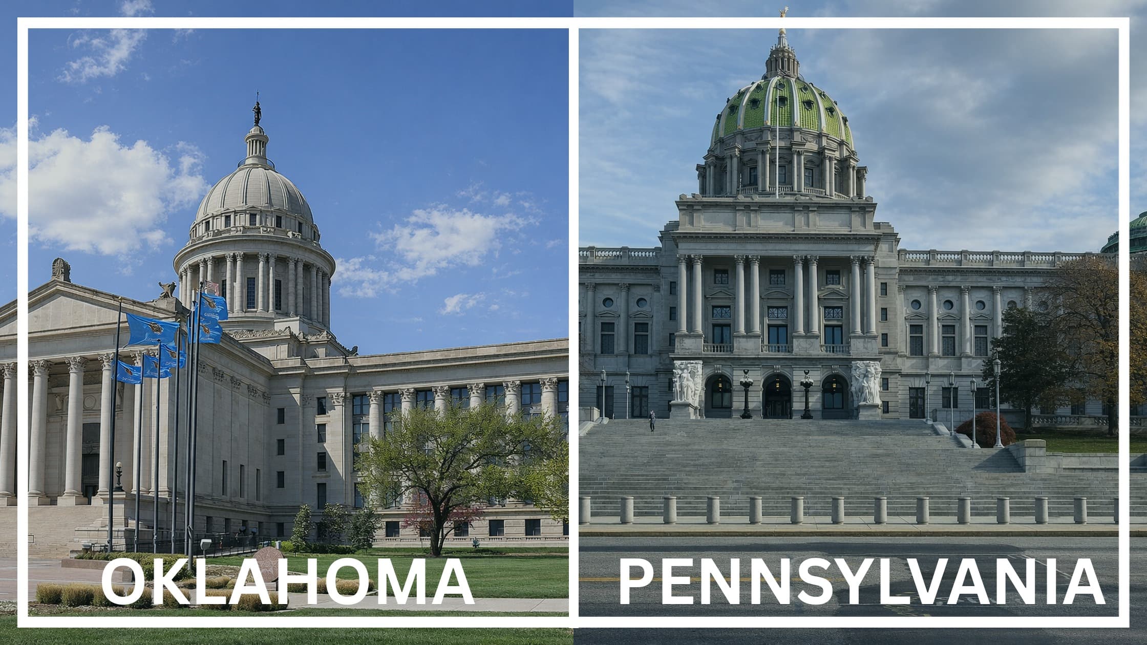 Comparing the state capitol buildings between Oklahoma and Pennsylvania.