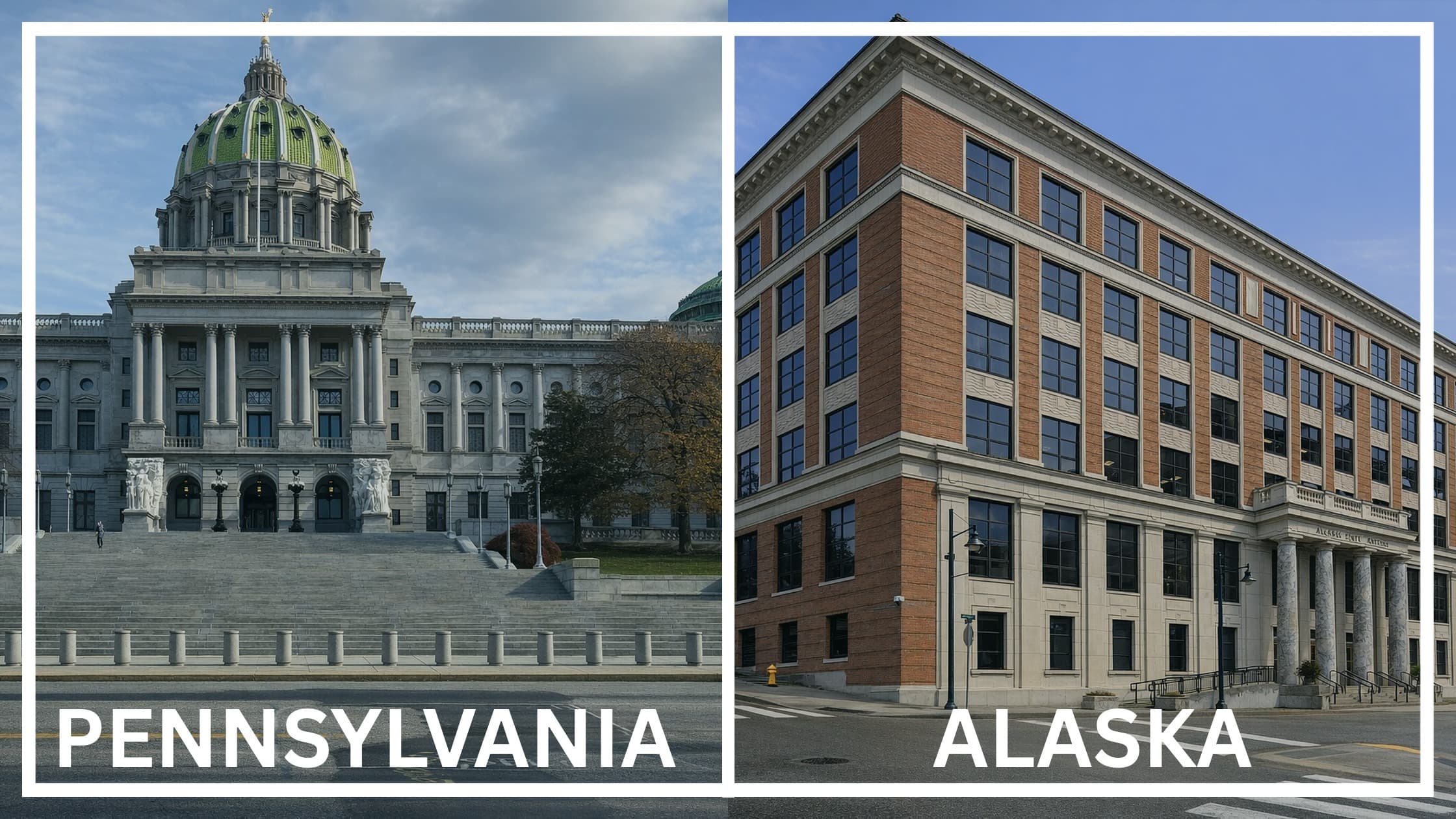 Comparing the state capitol buildings between Pennsylvania and Alaska.
