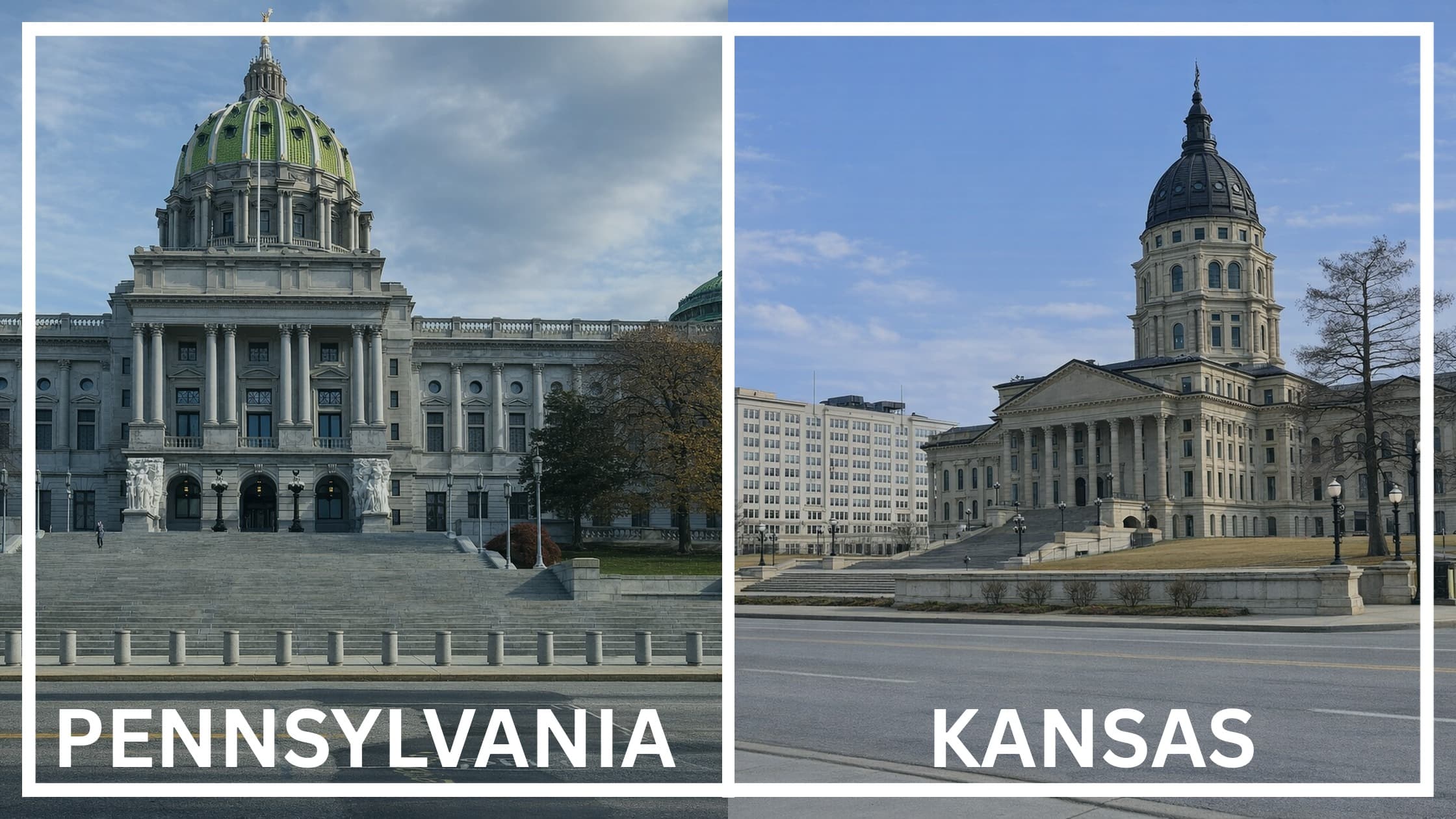 Comparing the state capitol buildings between Pennsylvania and Kansas.