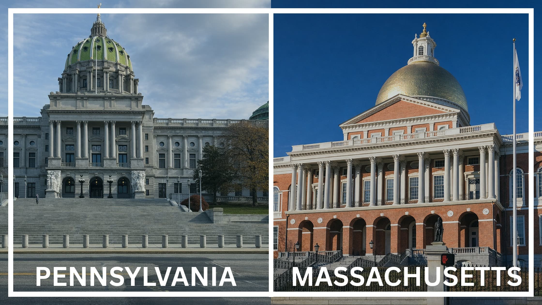 Comparing the state capitol buildings between Pennsylvania and Massachusetts.
