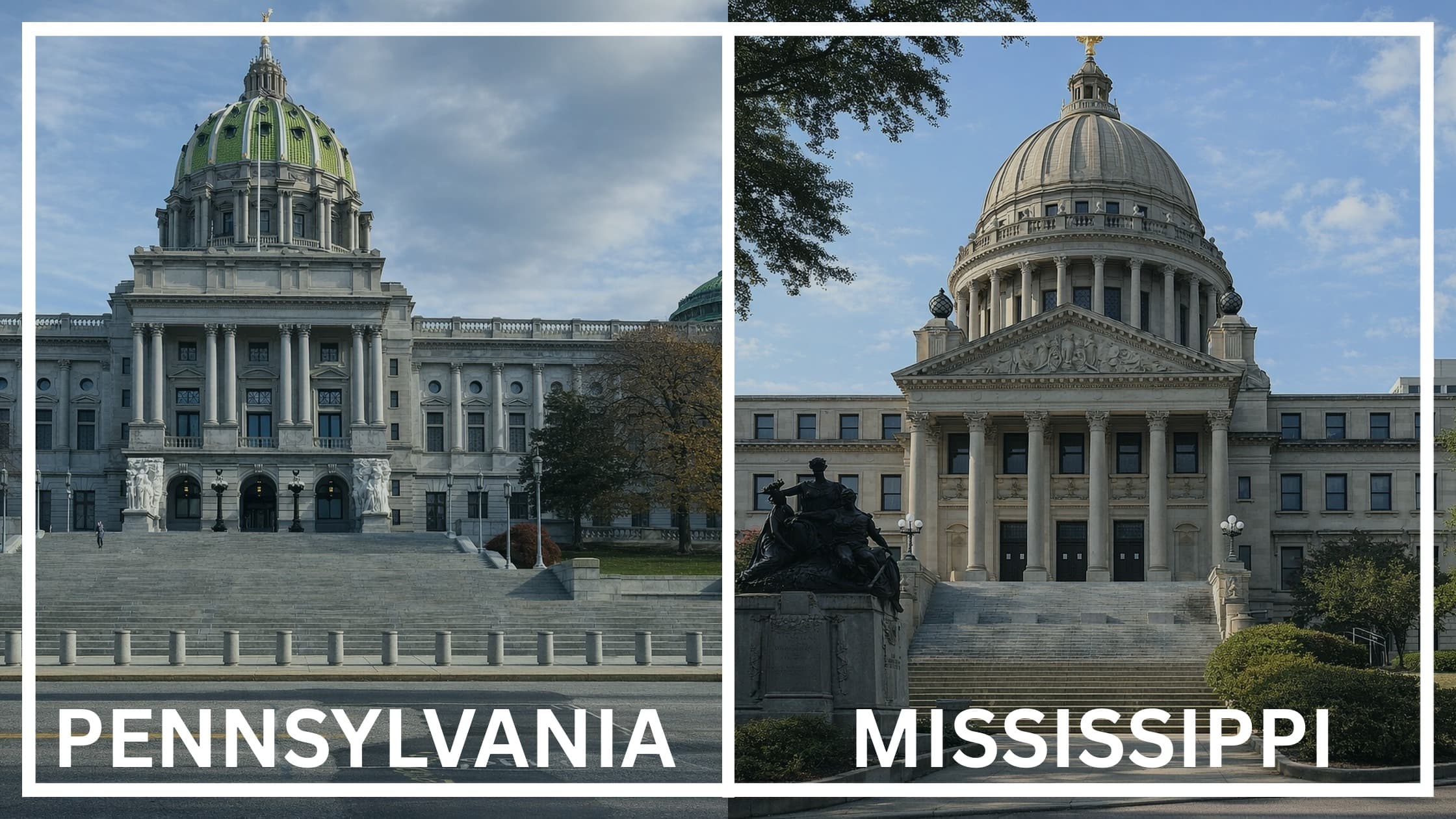 Comparing the state capitol buildings between Pennsylvania and Mississippi.