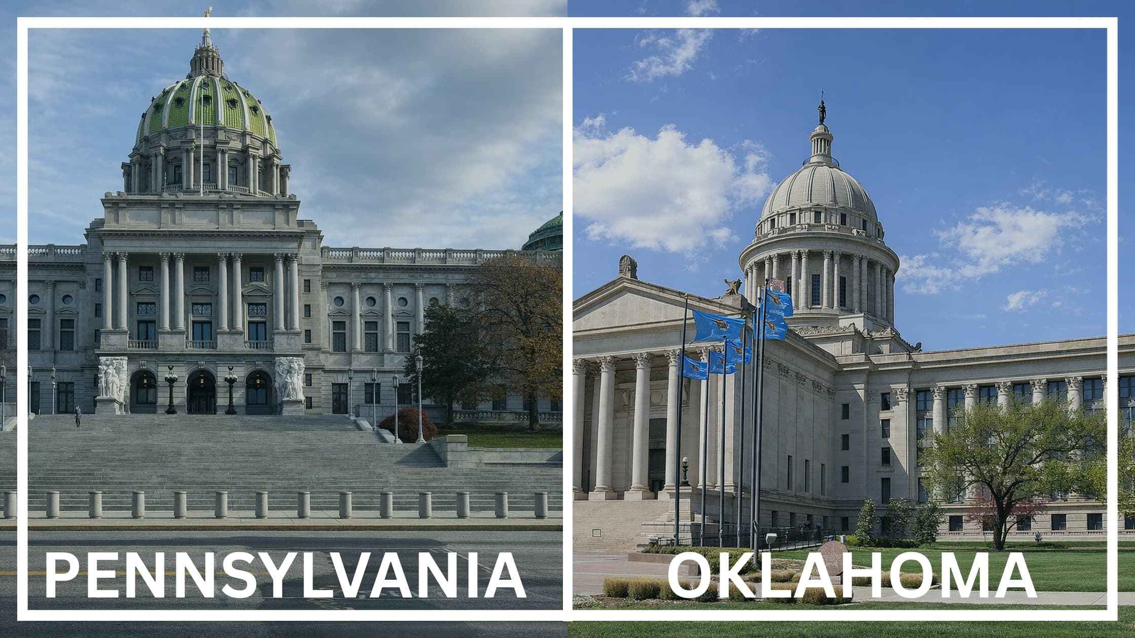 Comparing the state capitol buildings between Pennsylvania and Oklahoma.
