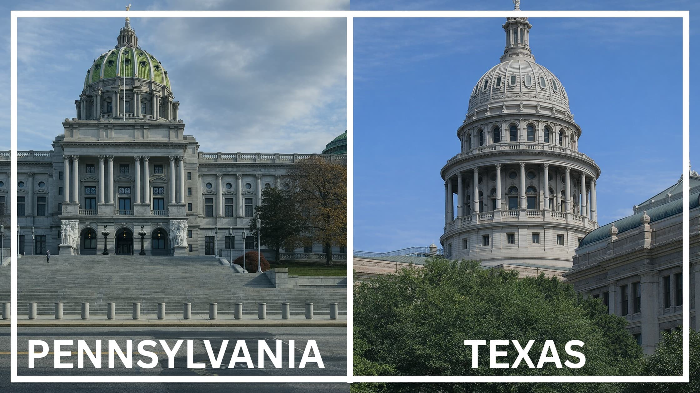 Comparing the state capitol buildings between Pennsylvania and Texas.