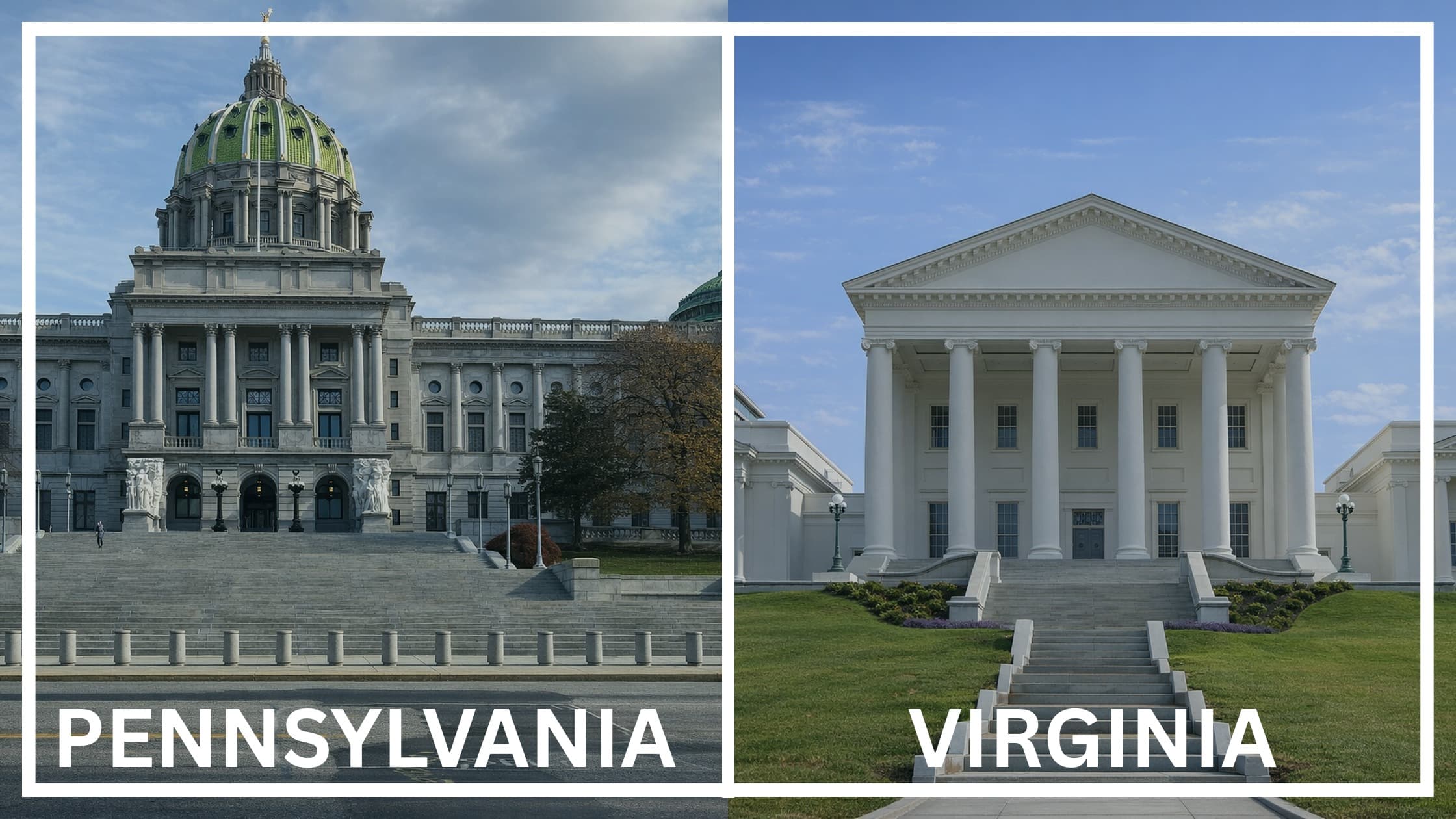 Comparing the state capitol buildings between Pennsylvania and Virginia.