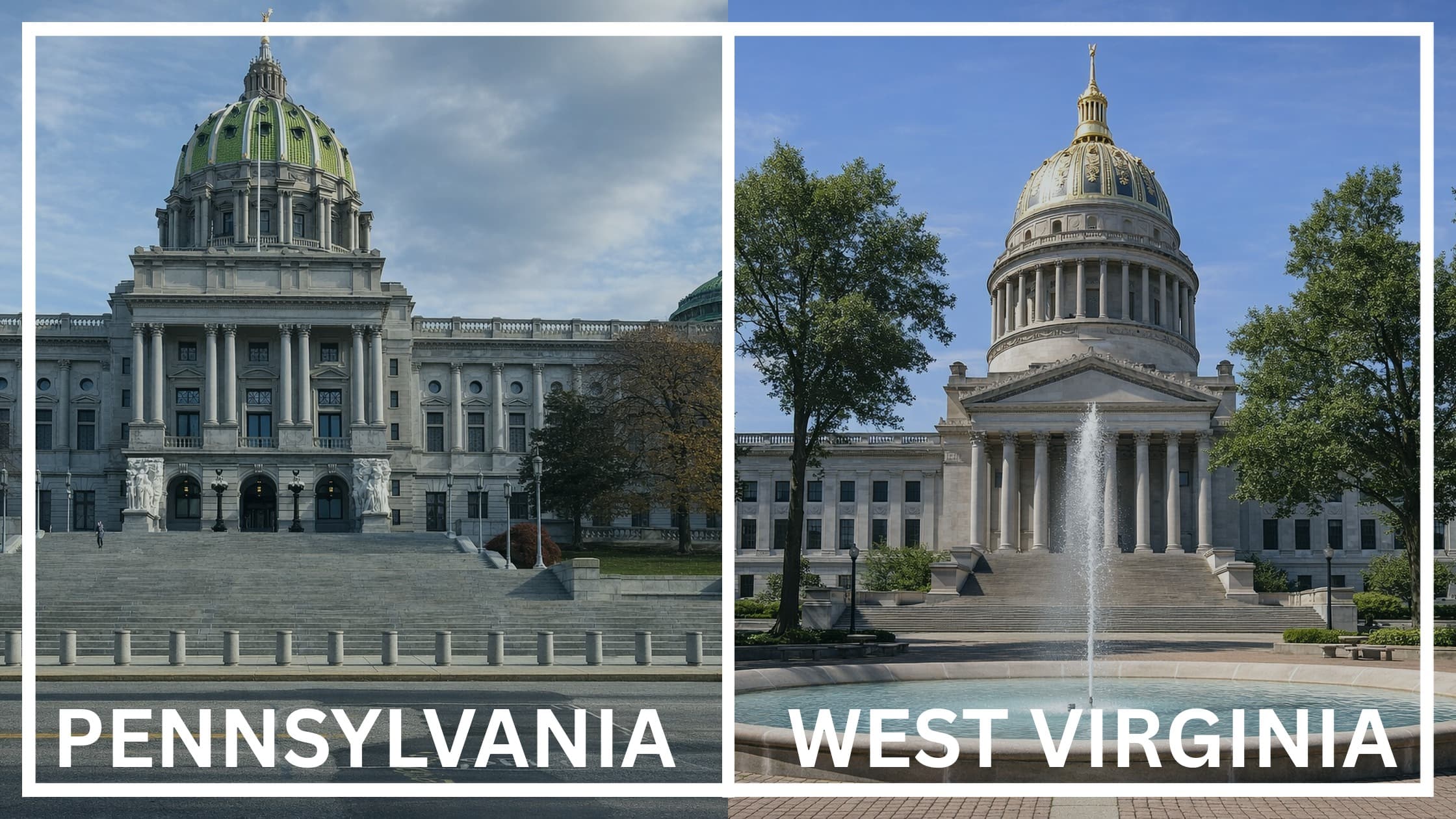 Comparing the state capitol buildings between Pennsylvania and West Virginia.