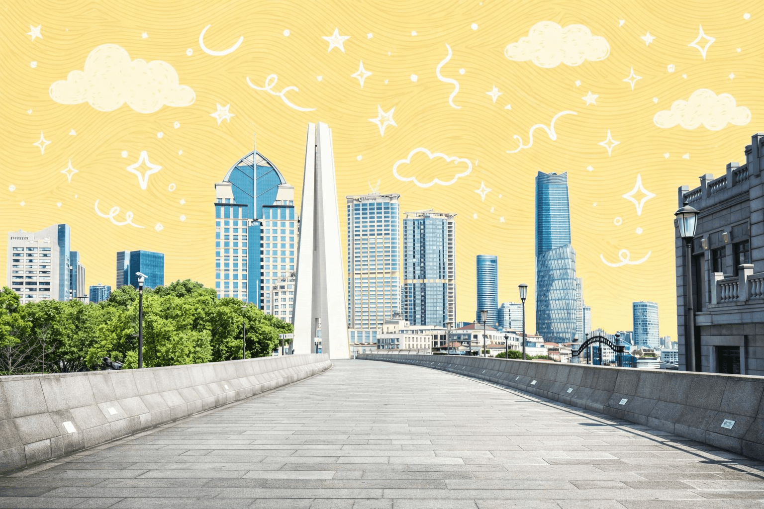 Scenic view of a bridge leading to the skyline of Raleigh, NC, with modern skyscrapers and clear blue sky.