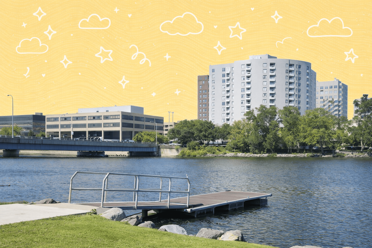 Scenic view of Rockford, IL featuring a dock and modern buildings by a river.