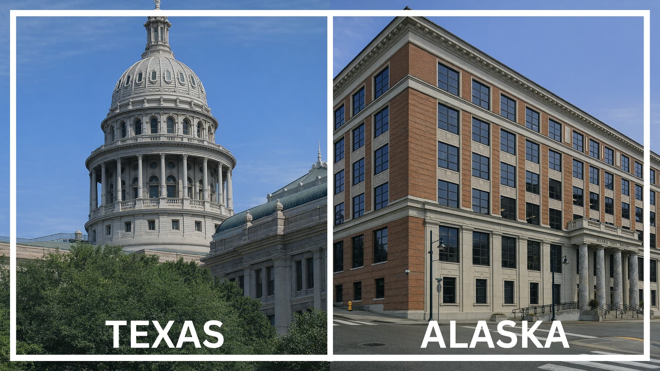 Comparing the state capitol buildings between Texas and Alaska.