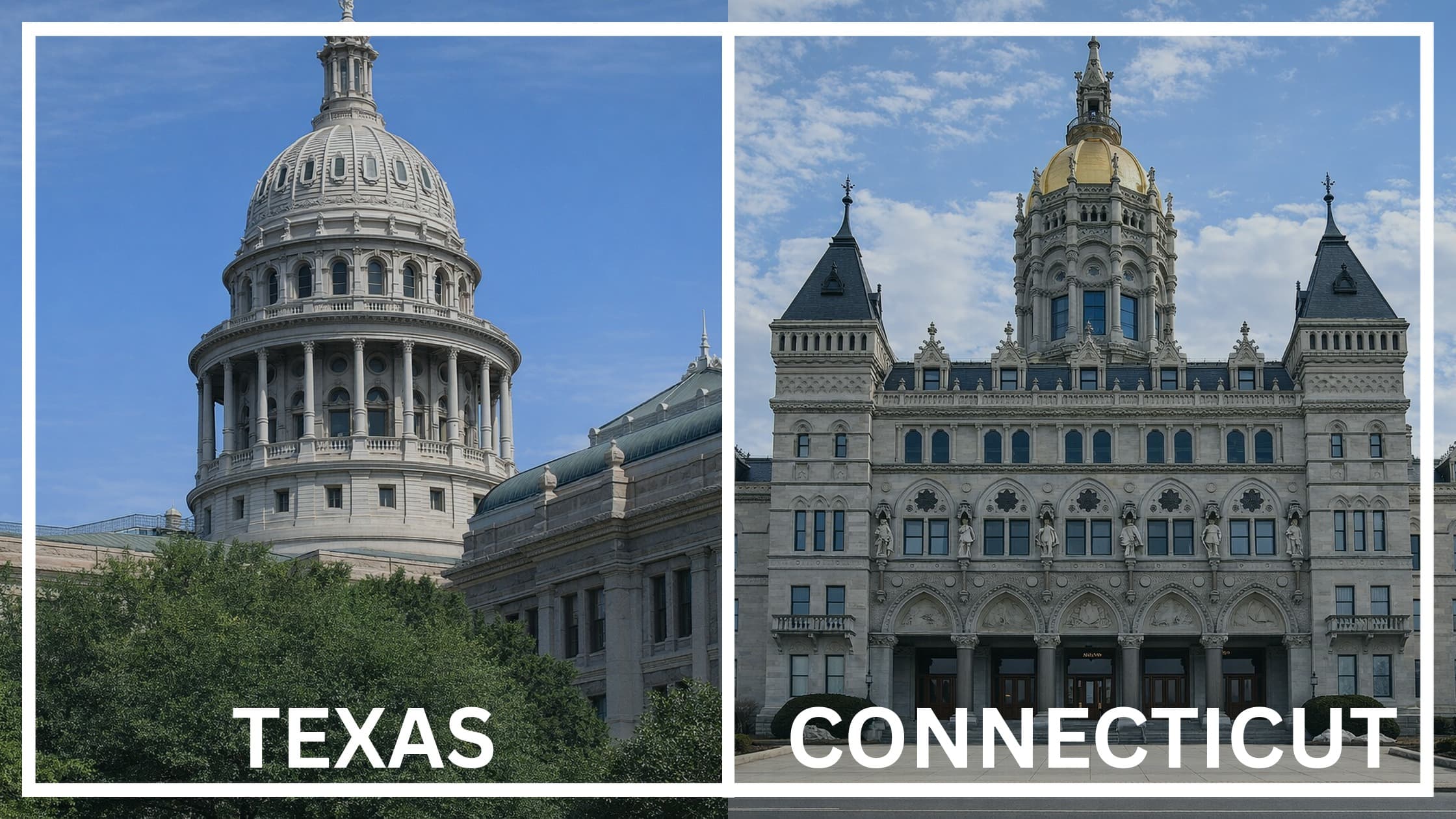 Comparing the state capitol buildings between Texas and Connecticut.