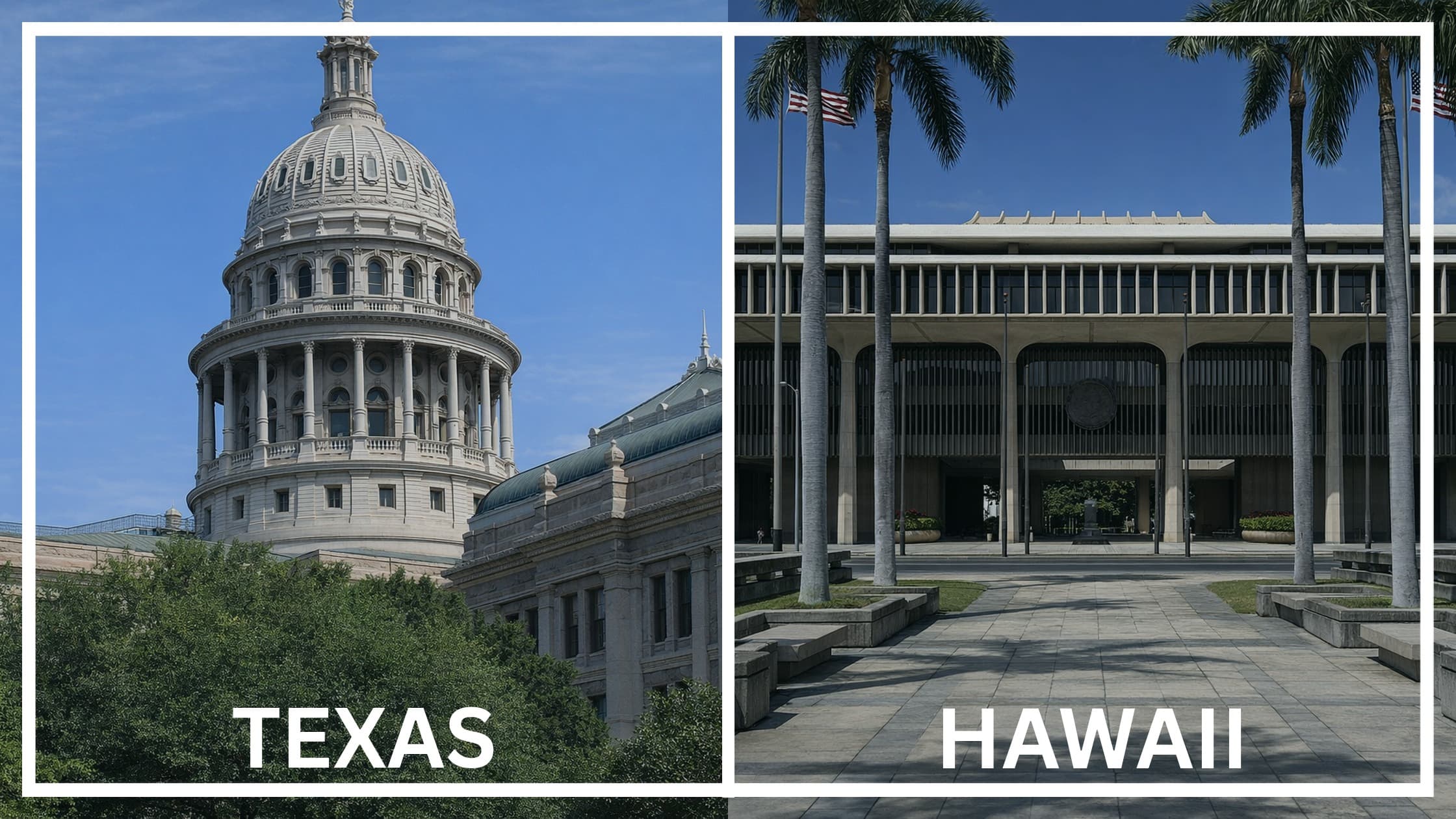 Comparing the state capitol buildings between Texas and Hawaii.