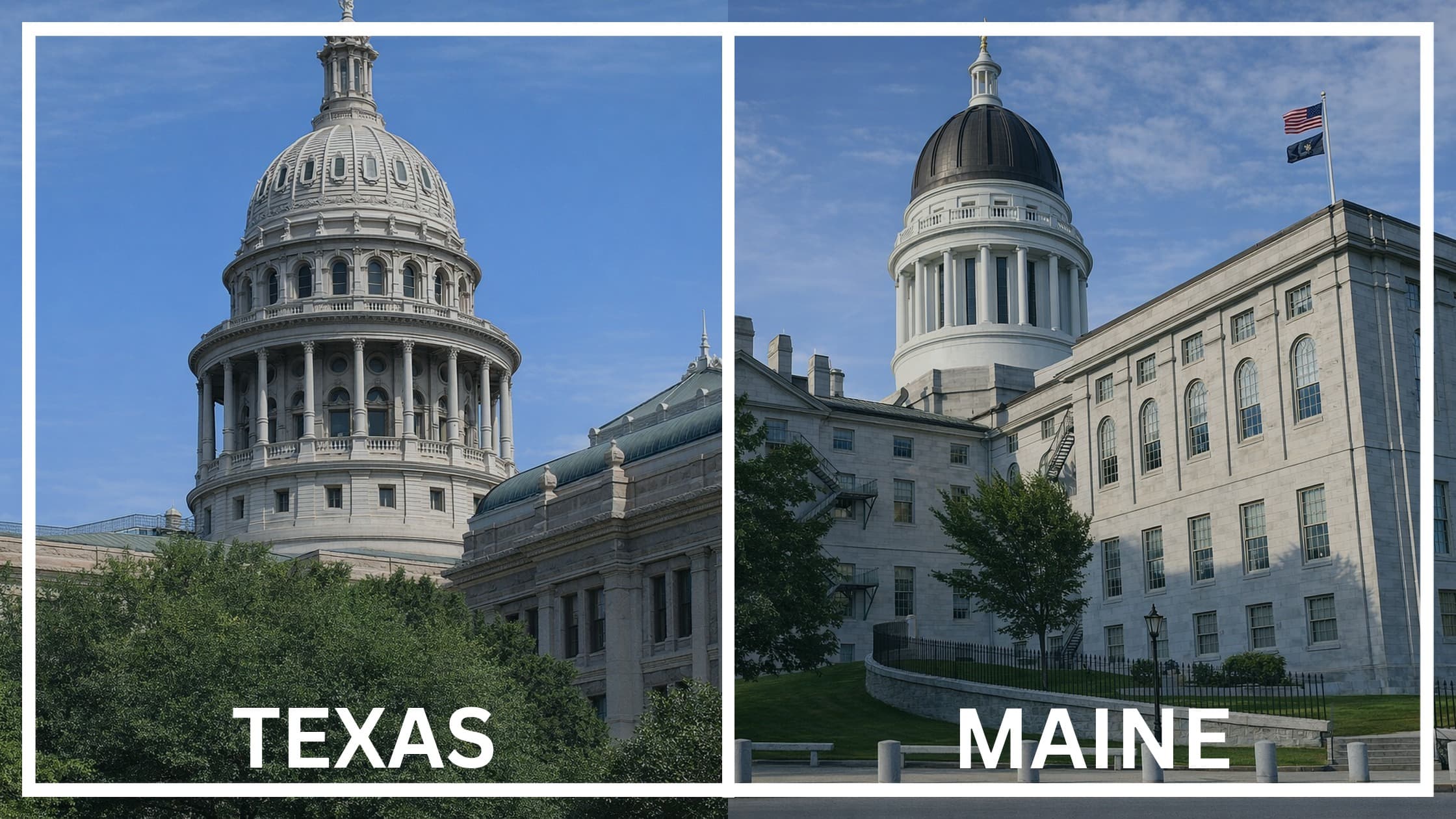 Comparing the state capitol buildings between Texas and Maine.