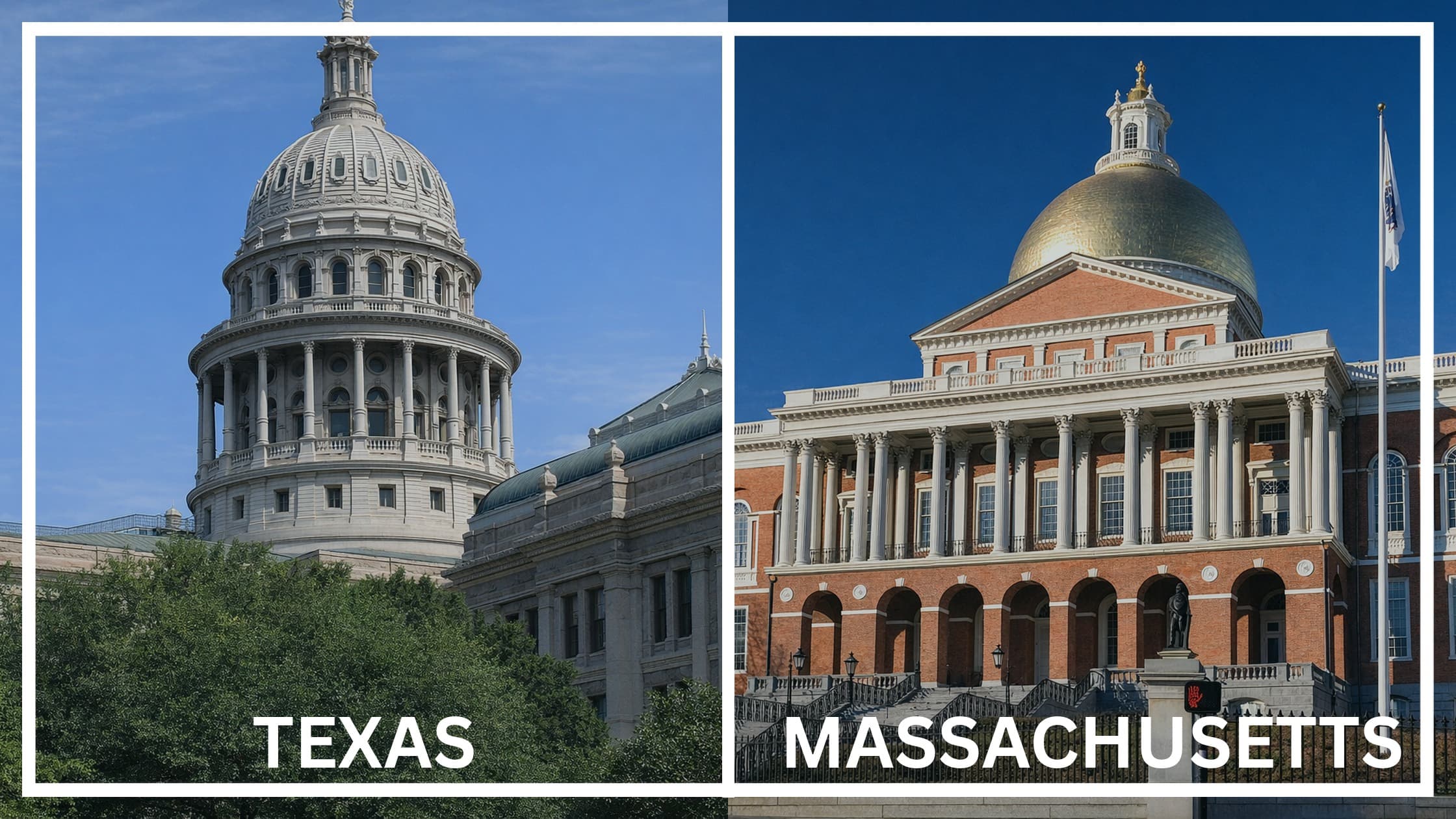 Comparing the state capitol buildings between Texas and Massachusetts.