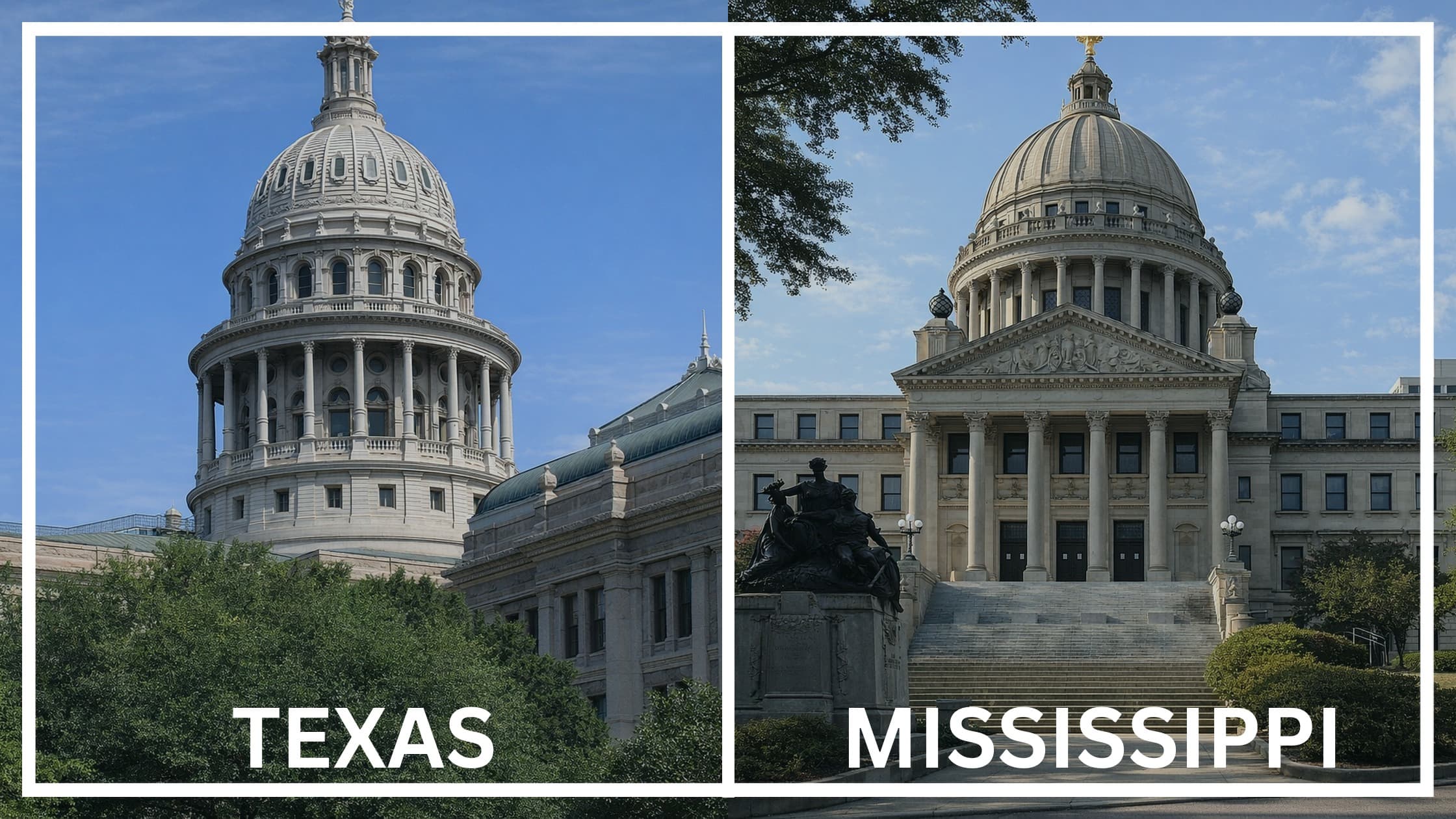 Comparing the state capitol buildings between Texas and Mississippi.