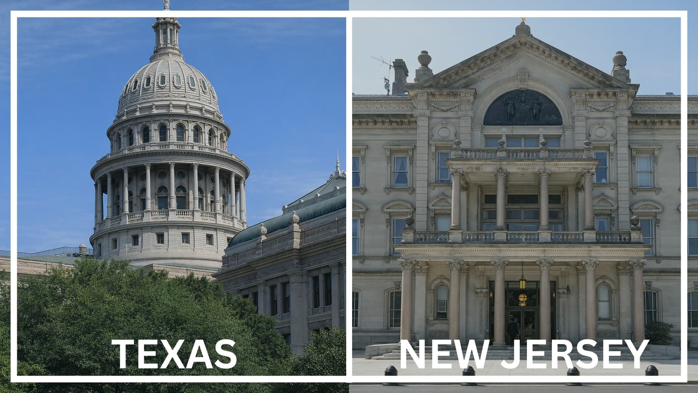 Comparing the state capitol buildings between Texas and New Jersey.