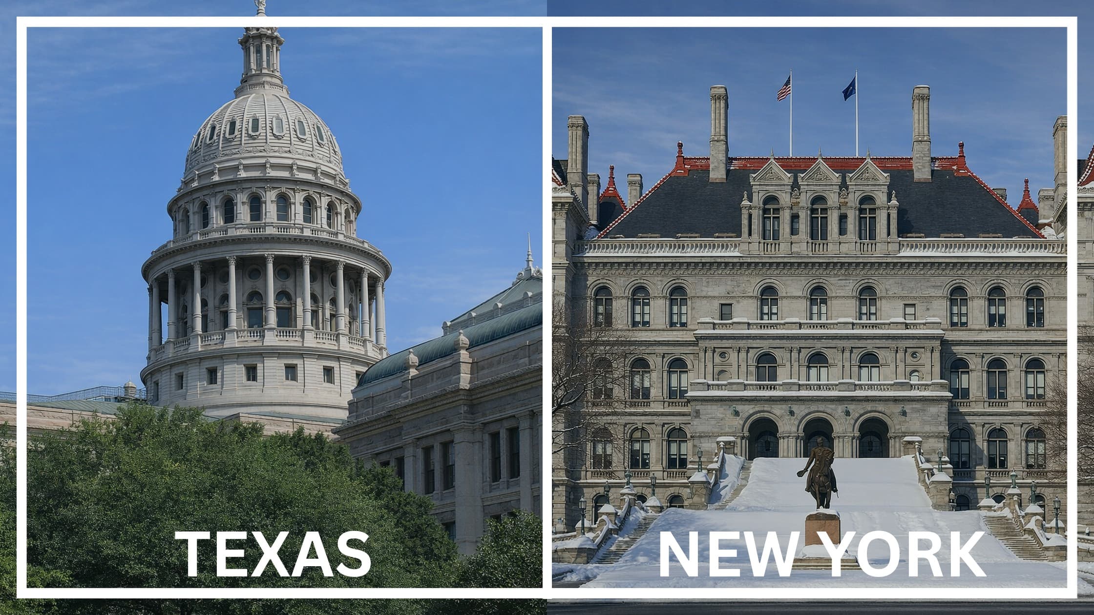 Comparing the state capitol buildings between Texas and New York.