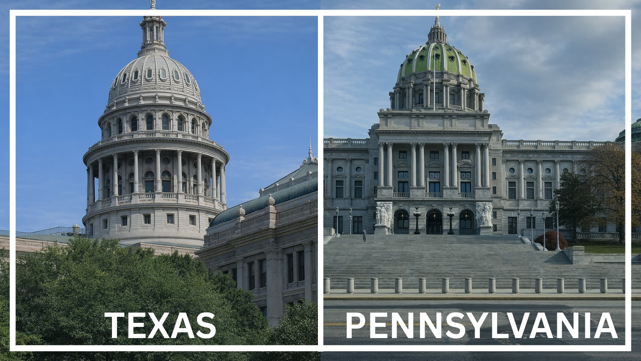 Comparing the state capitol buildings between Texas and Pennsylvania.