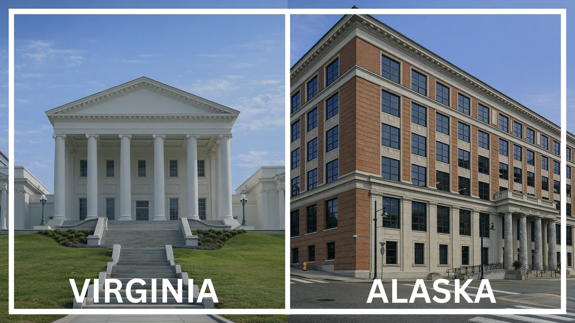 Comparing the state capitol buildings between Virginia and Alaska.