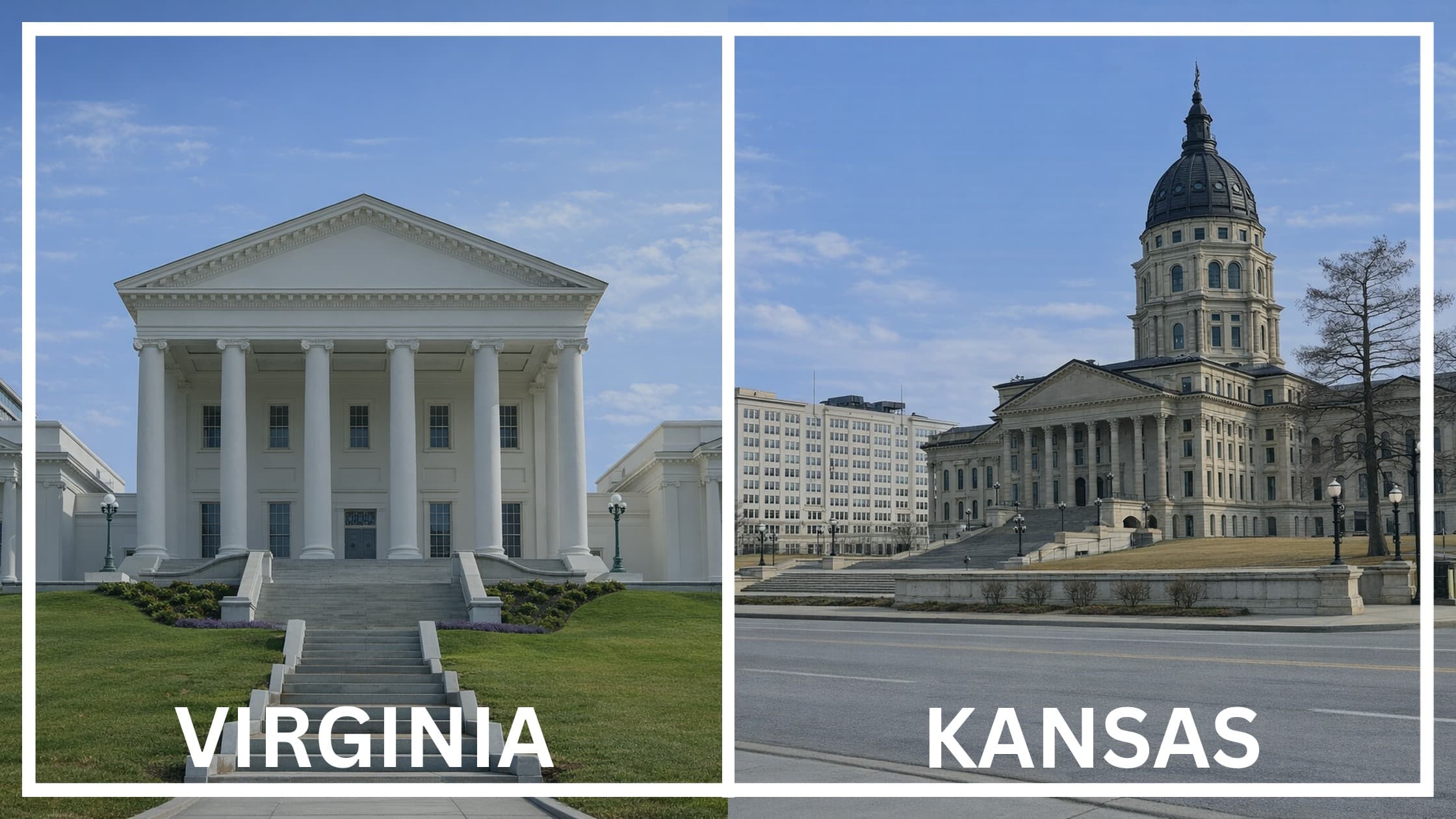 Comparing the state capitol buildings between Virginia and Kansas.