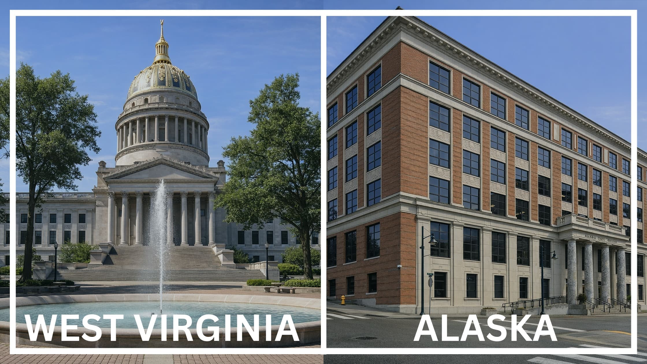 Comparing the state capitol buildings between West Virginia and Alaska.