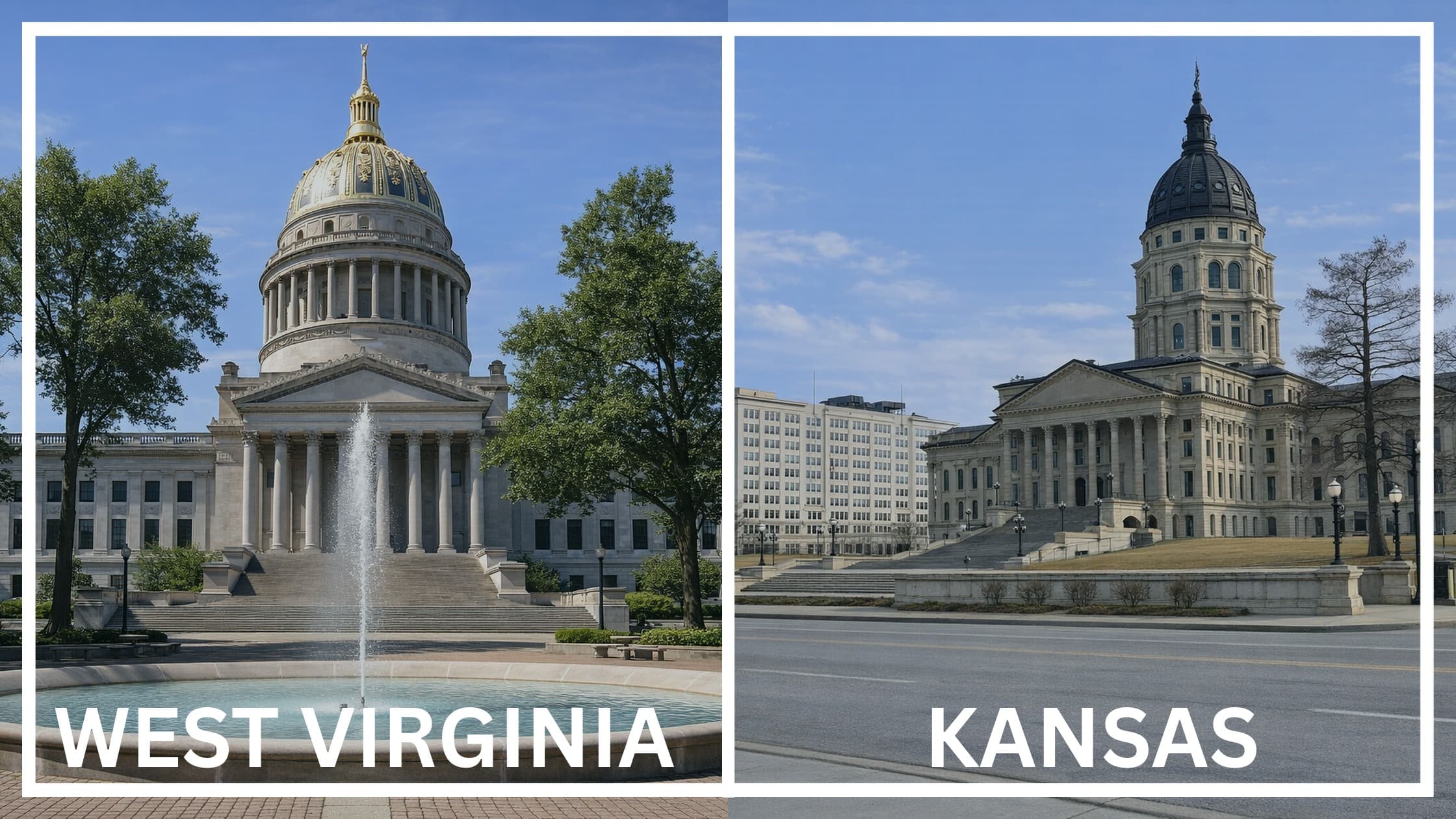 Comparing the state capitol buildings between West Virginia and Kansas.