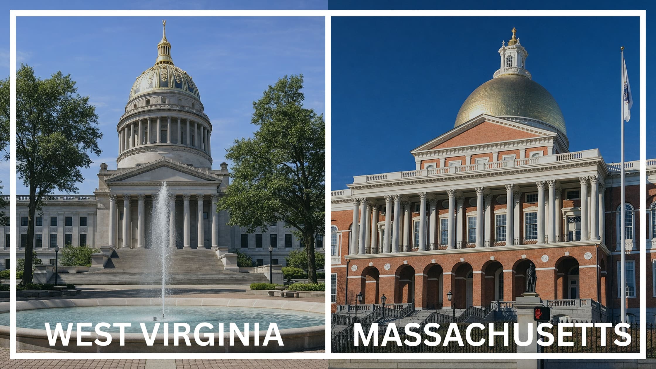 Comparing the state capitol buildings between West Virginia and Massachusetts.