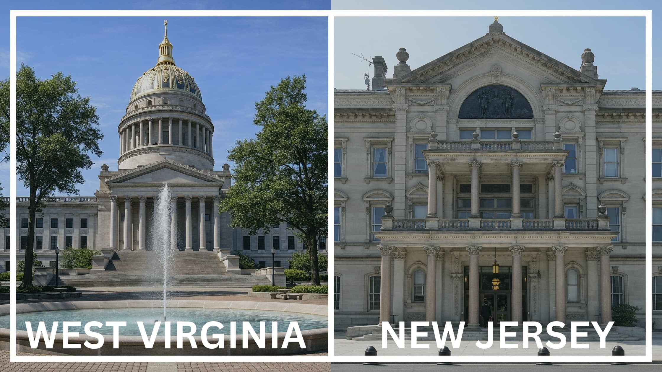 Comparing the state capitol buildings between West Virginia and New Jersey.