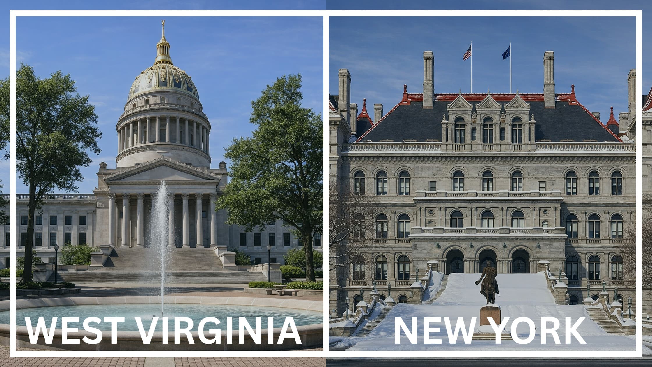 Comparing the state capitol buildings between West Virginia and New York.