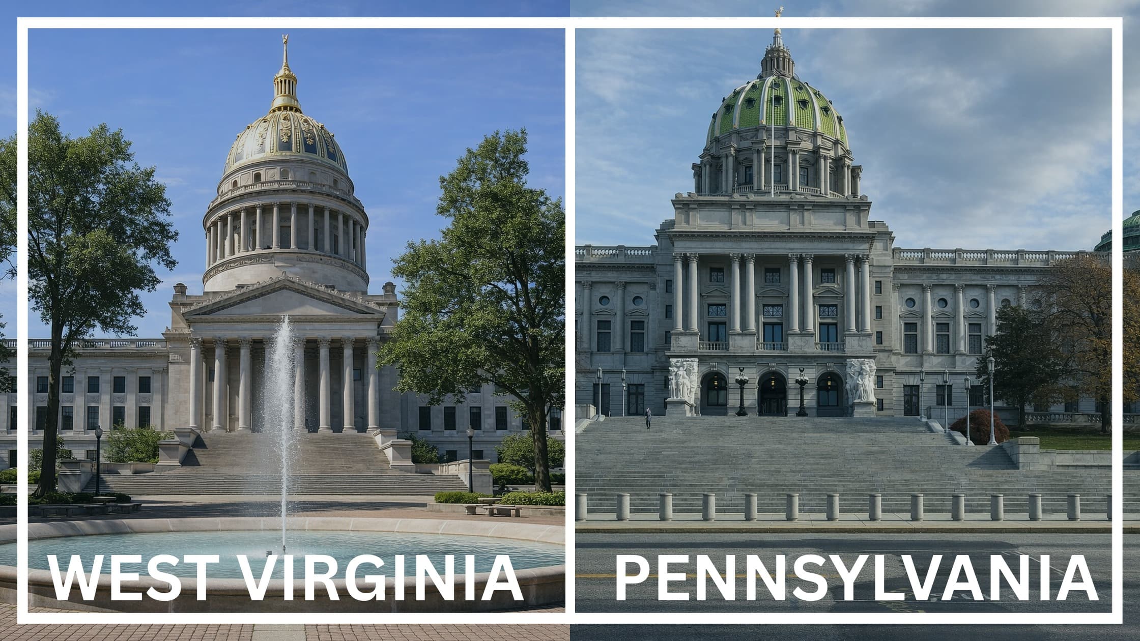 Comparing the state capitol buildings between West Virginia and Pennsylvania.